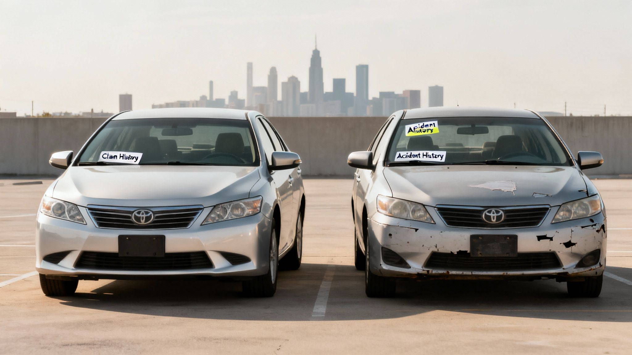 Two cars side-by-side: a clean car with 'Clean History' and a damaged car with 'Accident History'.