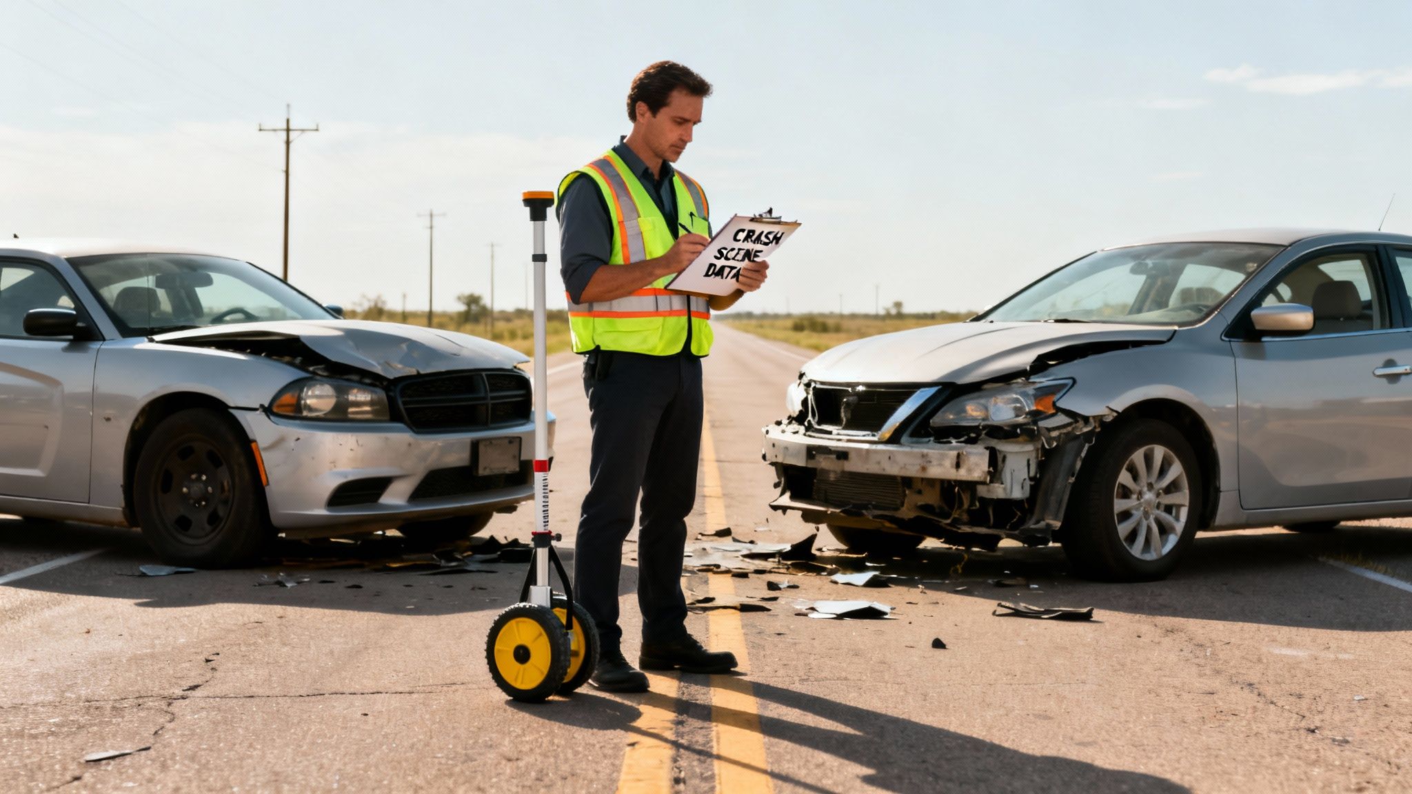 An accident reconstruction expert gathers data at a crash scene with two wrecked cars on a rural road.
