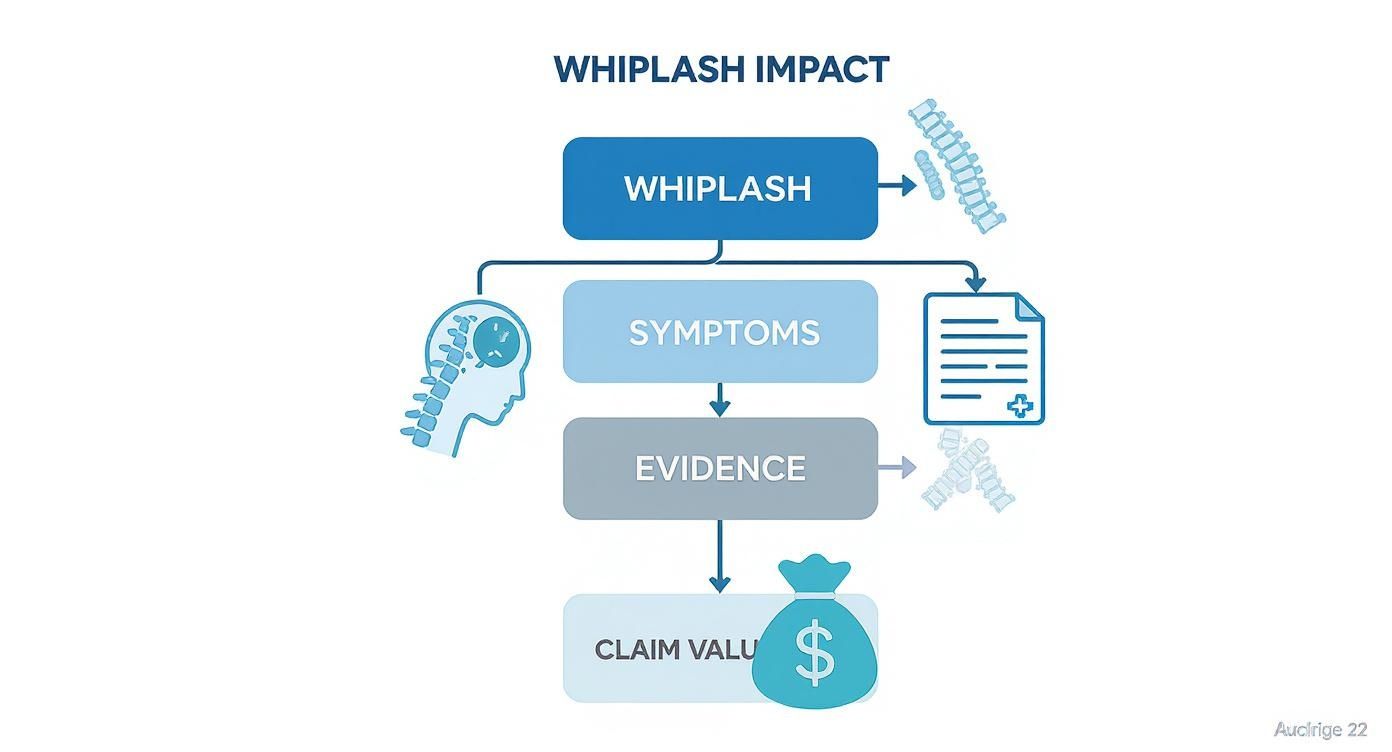 Flowchart illustrating the whiplash impact process from injury to symptoms, evidence, and claim value.
