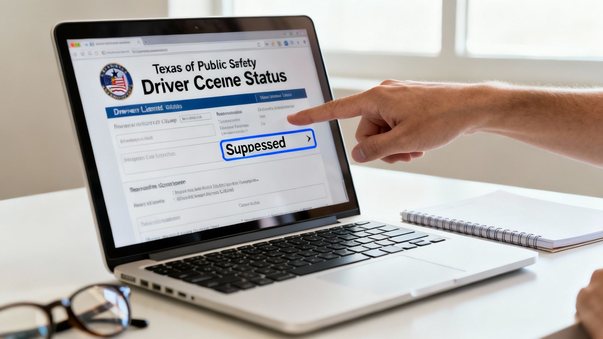 A hand points at a laptop screen displaying Texas Public Safety driver status as 'Suppressed', with glasses and a notebook nearby.