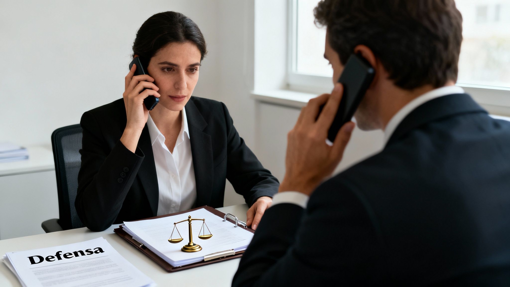 Abogados en una oficina discutiendo un caso de defensa, con documentos legales y una balanza de la justicia.