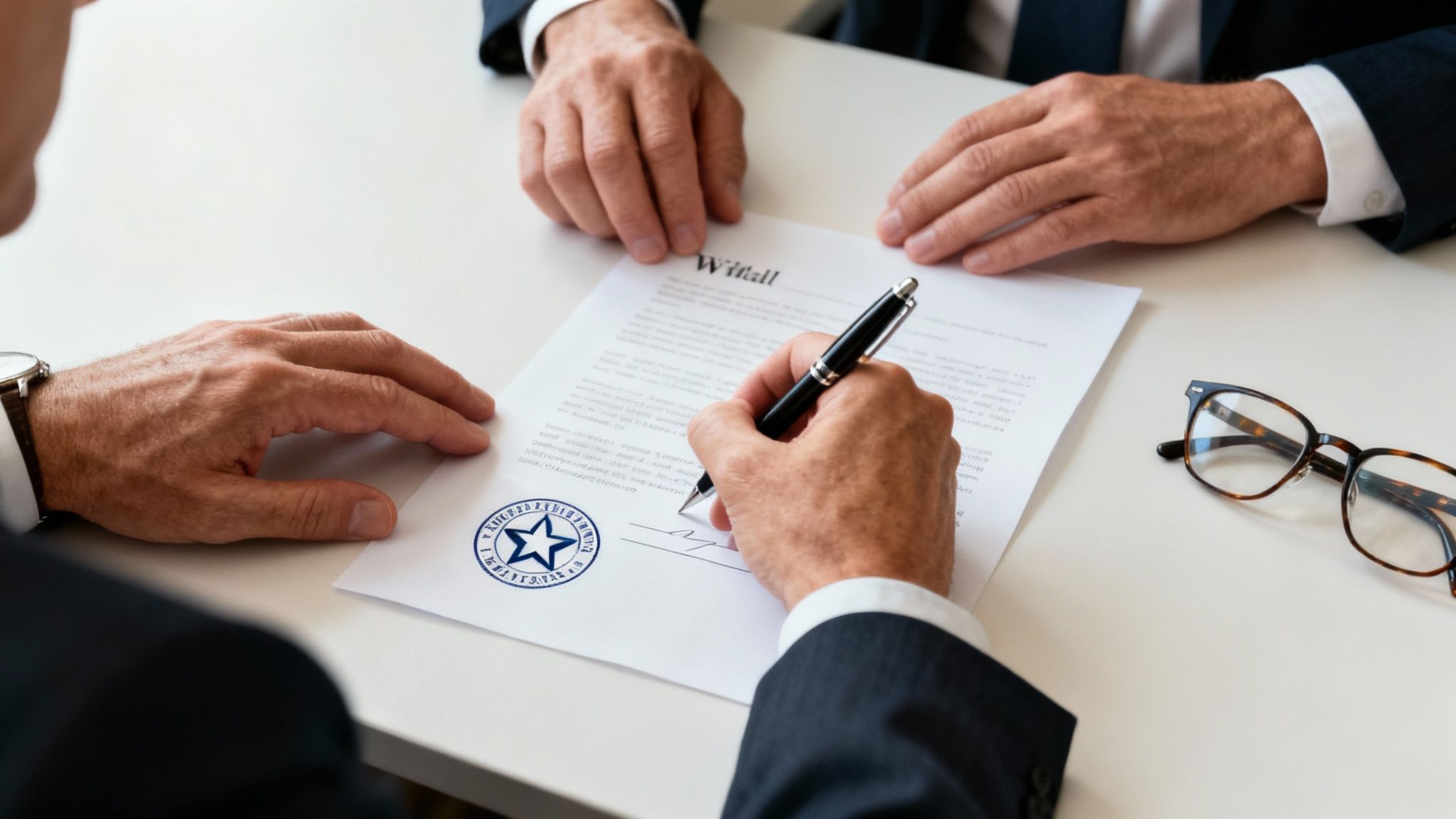 A person signing a will document at a desk with a pen.