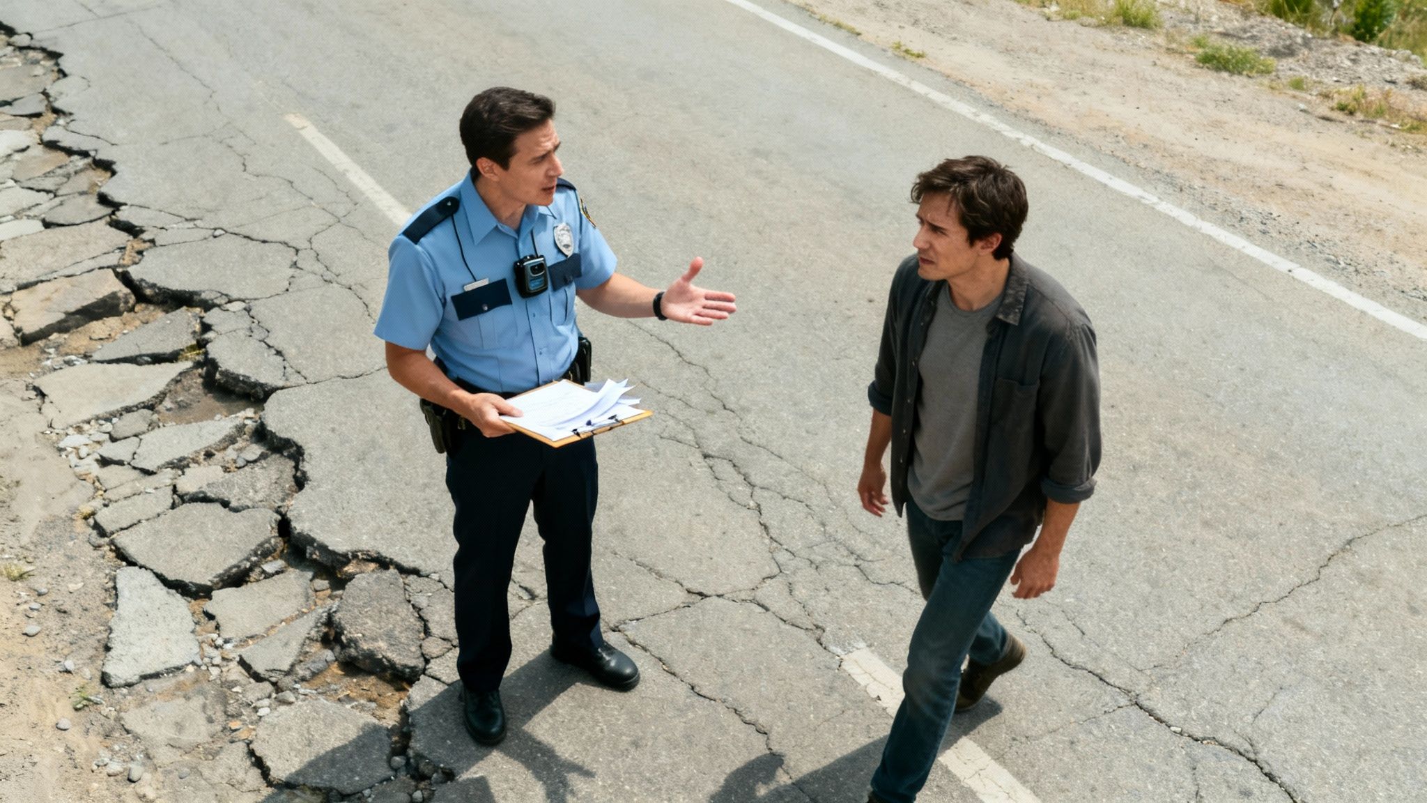 Police officer explaining the walk-and-turn test procedure to a man on a cracked road, highlighting potential errors in DWI testing protocols.