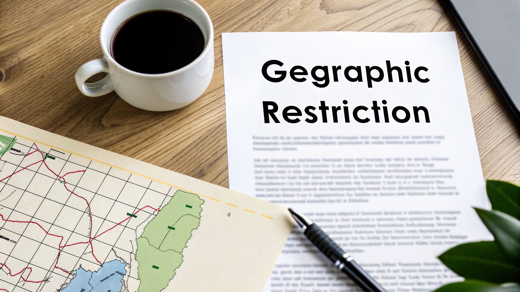 A document titled "Geographic Restriction" lies on a wooden desk with a map, pen, and coffee.