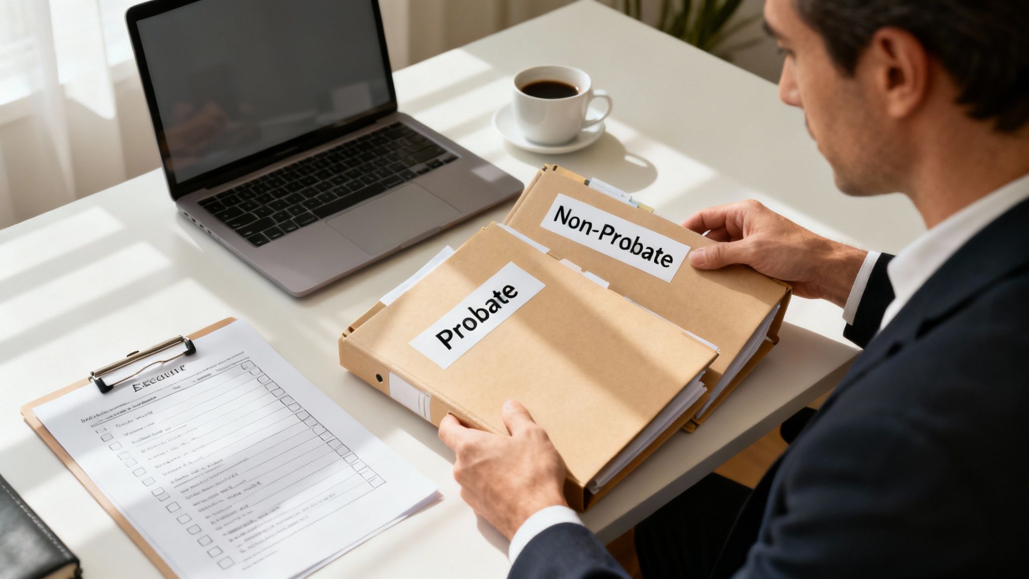 A man in a suit holds two folders labeled 'Probate' and 'Non-Probate' at a desk with a laptop and coffee.