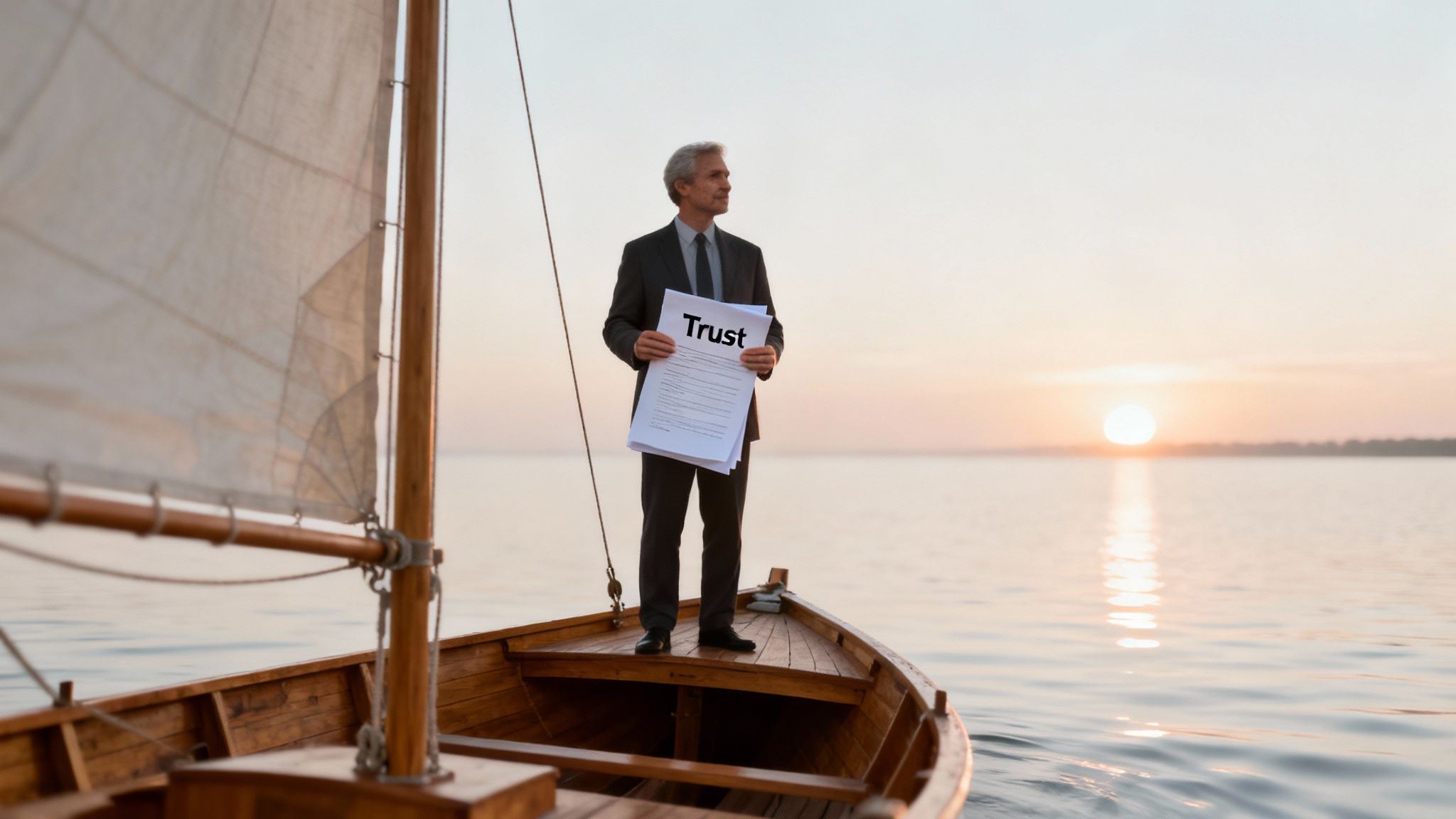 Man in a suit holding a trust document on a sailboat at sunset, symbolizing trust administration and estate planning in Texas.