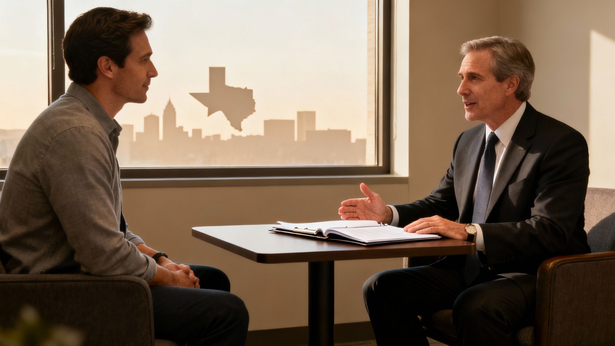 Two men in a professional meeting at an office with a Texas city skyline view.