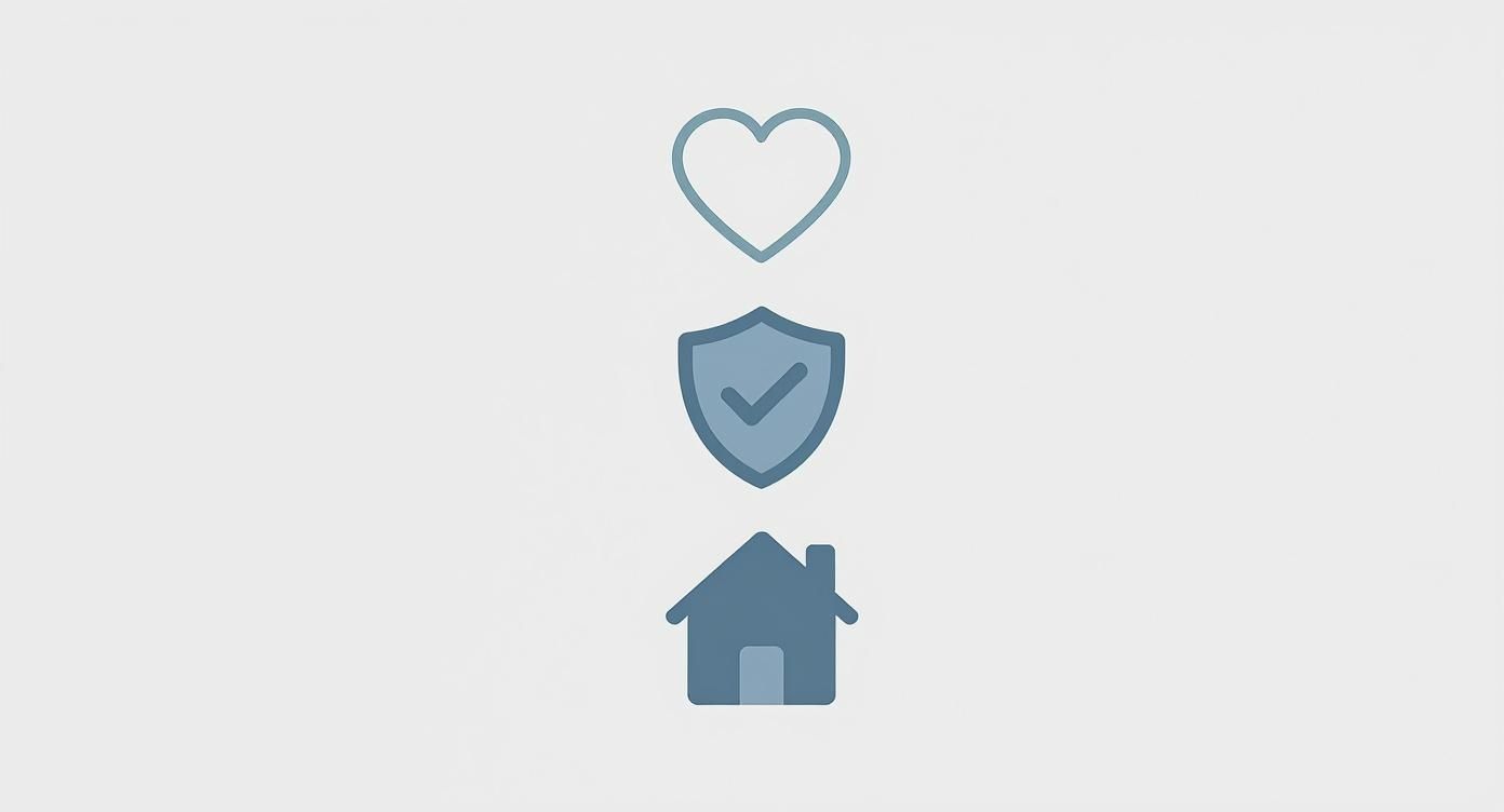 Three icons representing heart, shield with checkmark, and house symbolizing custody considerations