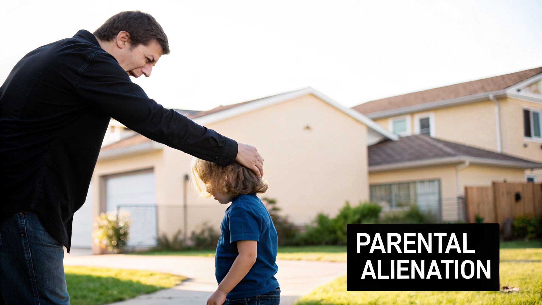 An angry father places his hand on his sad child's head, illustrating parental alienation.