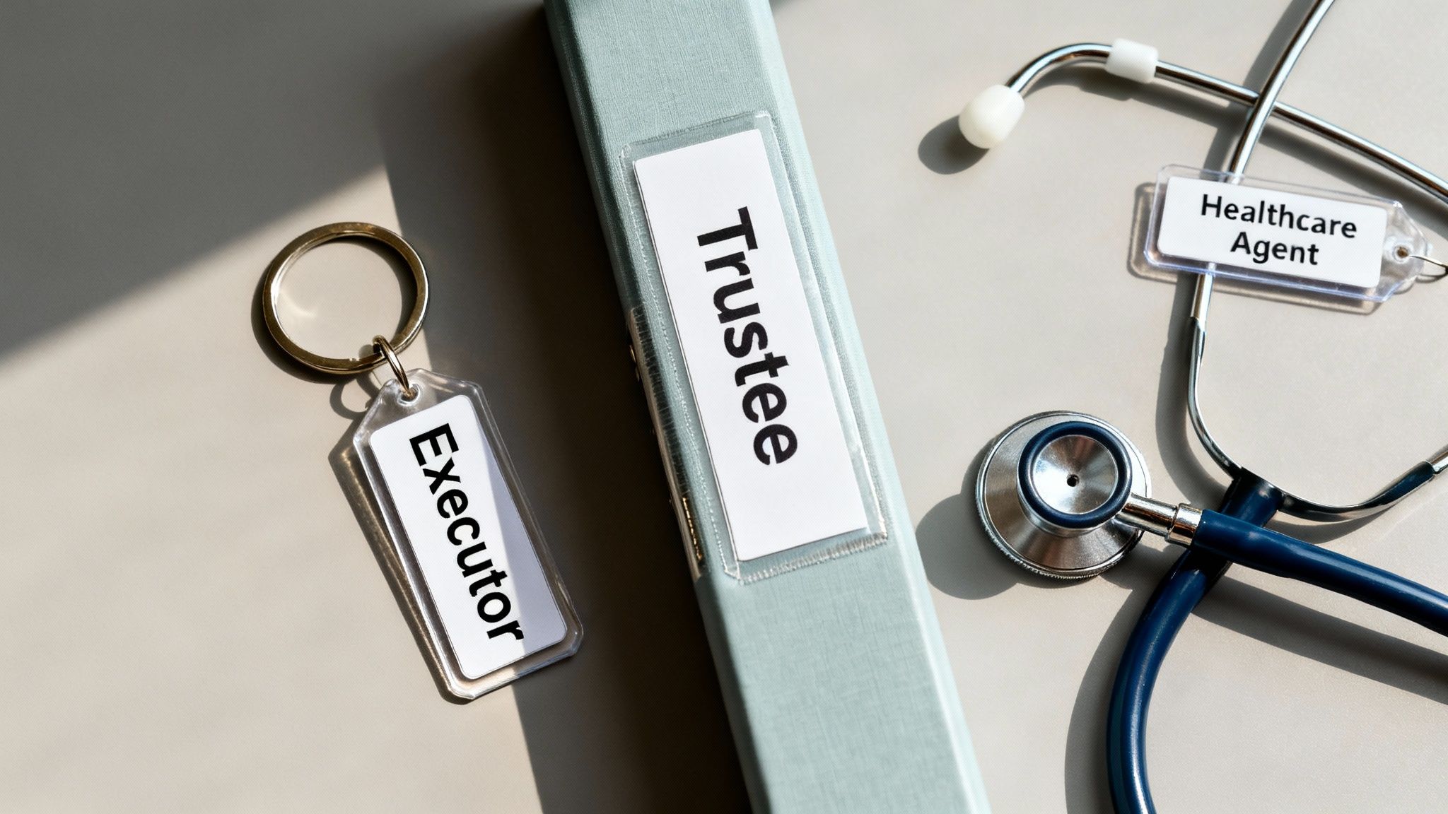 Key roles in estate planning, including Trustee, Executor, and Healthcare Agent, displayed with related items.