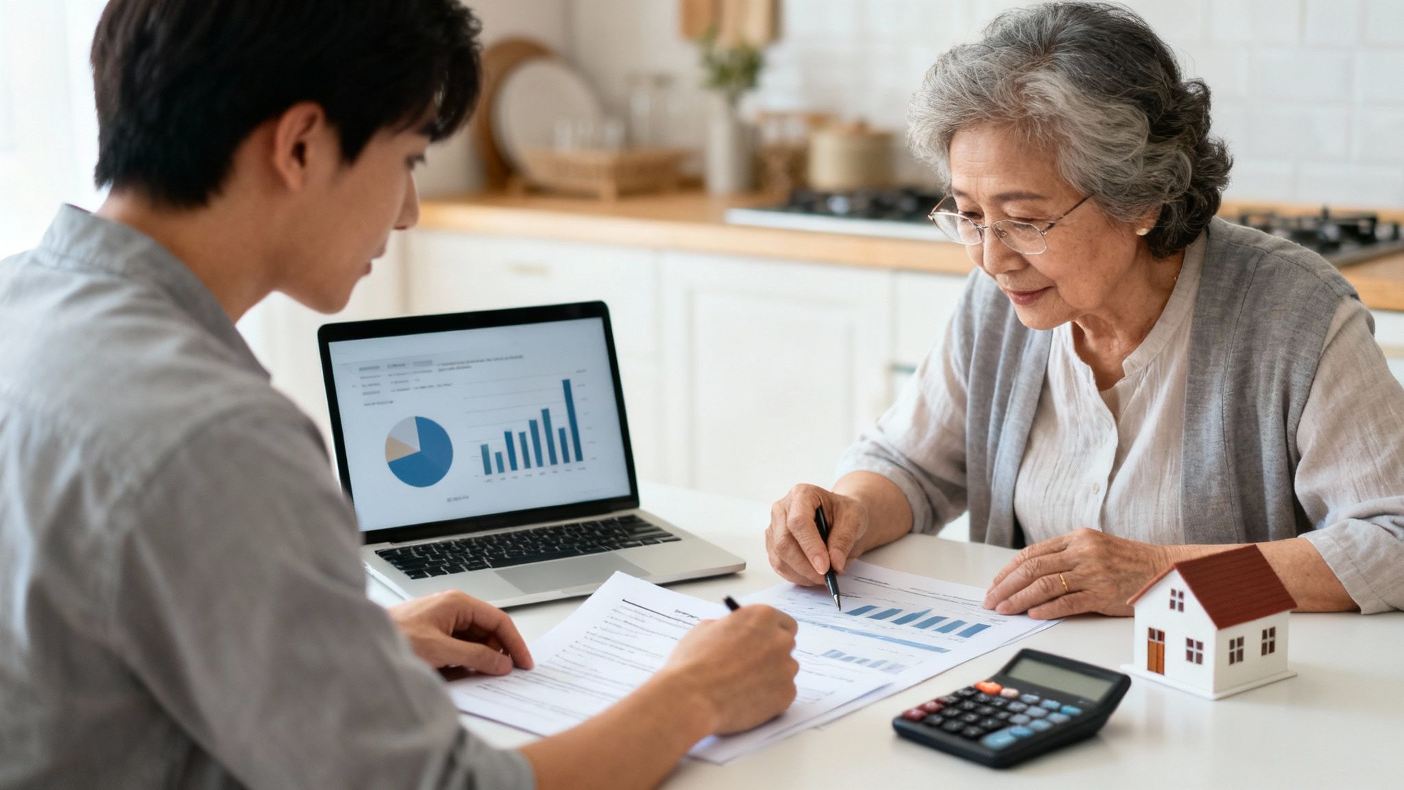 A young man and an elderly woman reviewing financial documents and a house model at home.