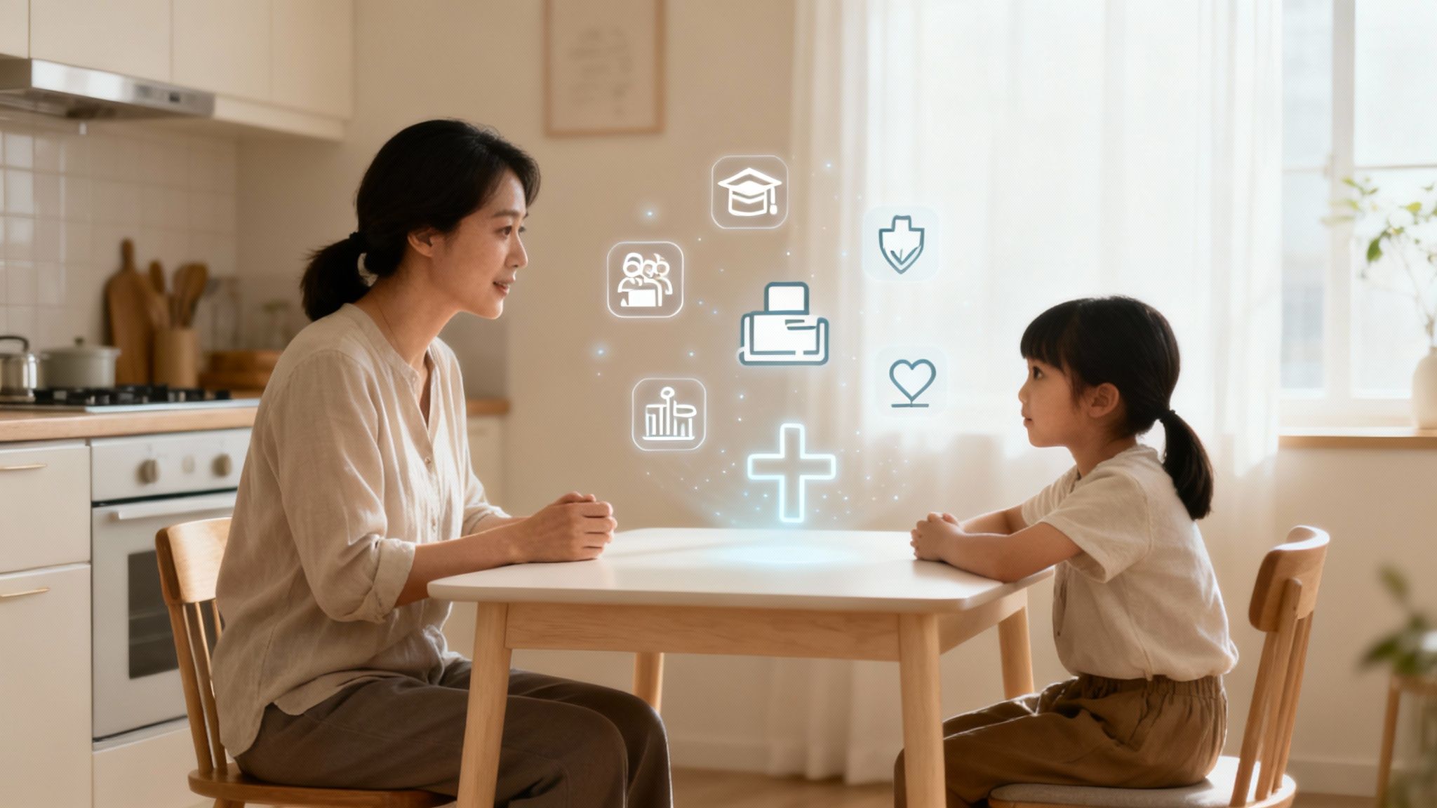 Mother and child discussing future plans with glowing digital icons representing family, education, health, and finance.