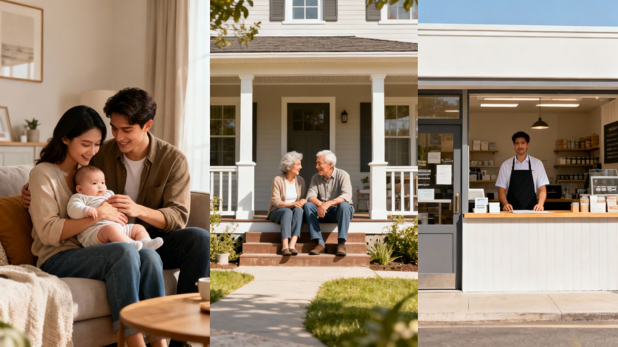 Family moments showcasing a young couple with a baby at home, elderly couple on a porch, and a man at a shop counter, reflecting the importance of family and community in estate planning discussions for Atascocita families.