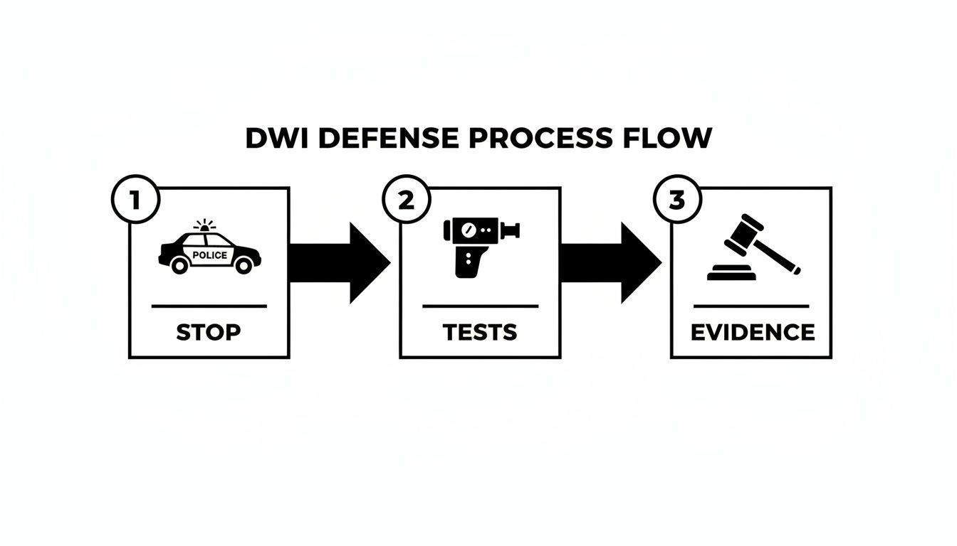 DWI defense process flowchart illustrating steps: police stop, tests, and evidence gathering for Texas DWI cases.