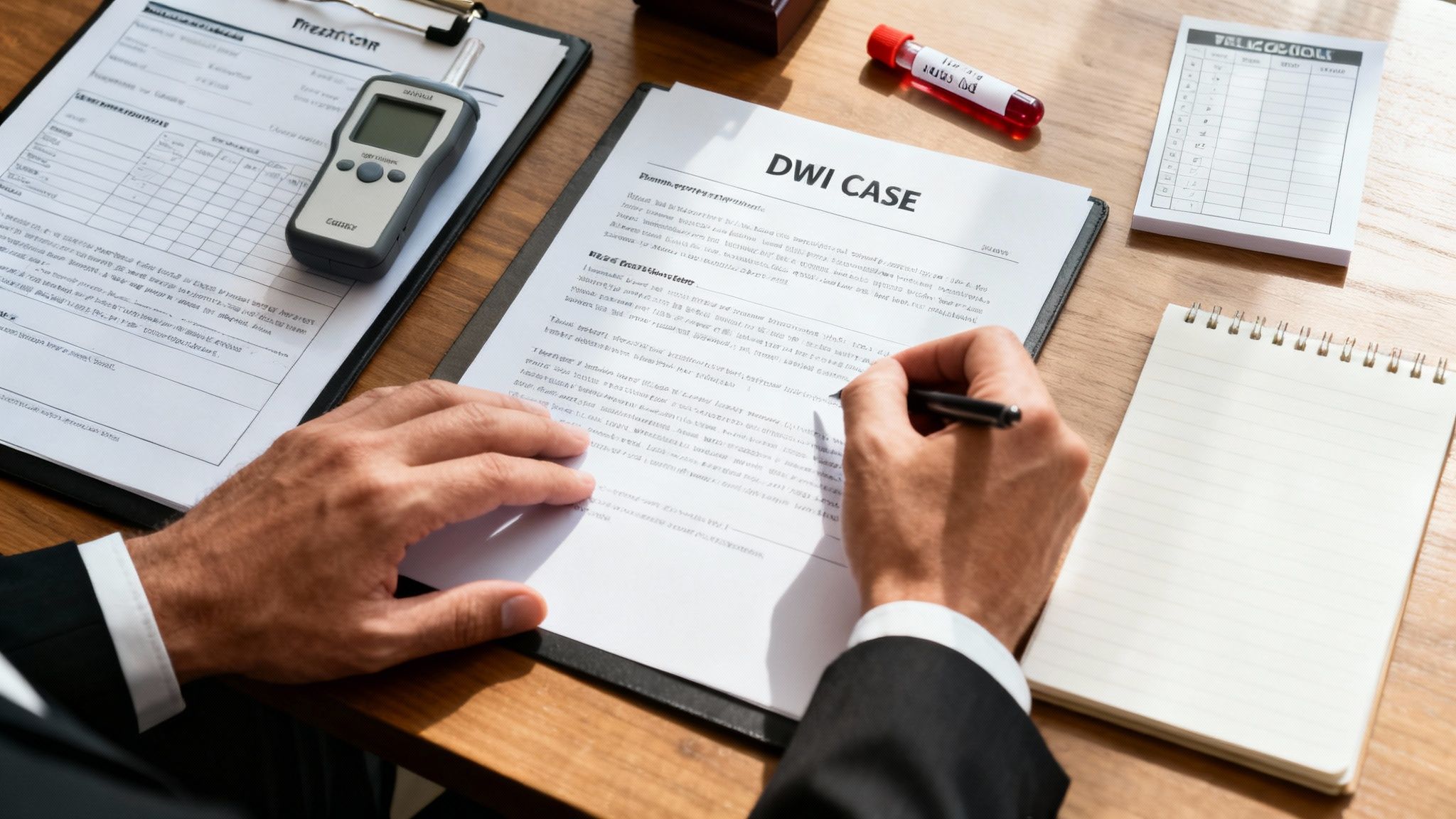 A person in a suit writes on a 'DWI CASE' document, with a breathalyzer and blood sample tube on the desk.
