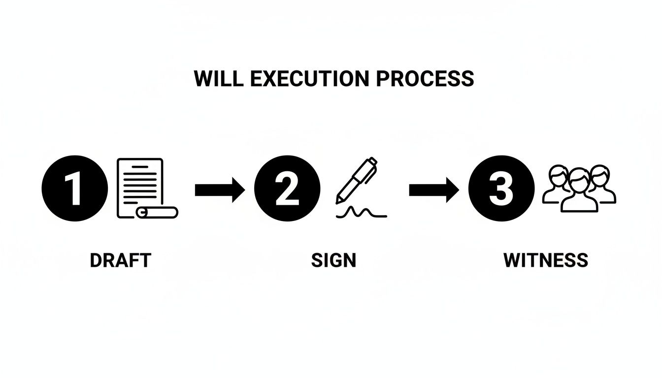 An infographic illustrating the three-step will execution process: draft, sign, and witness.