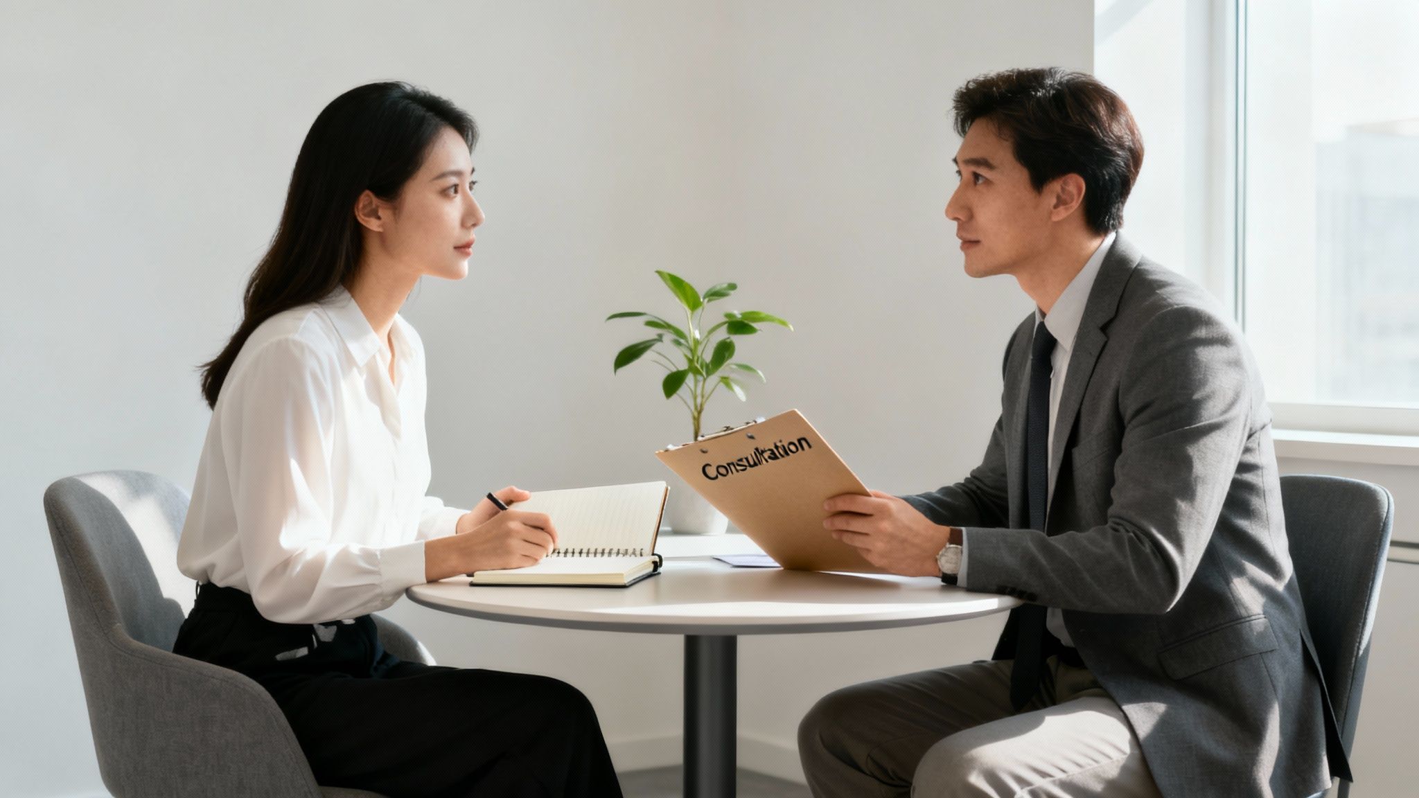 Two professionals, a man and a woman, engaging in a consultation at a table.