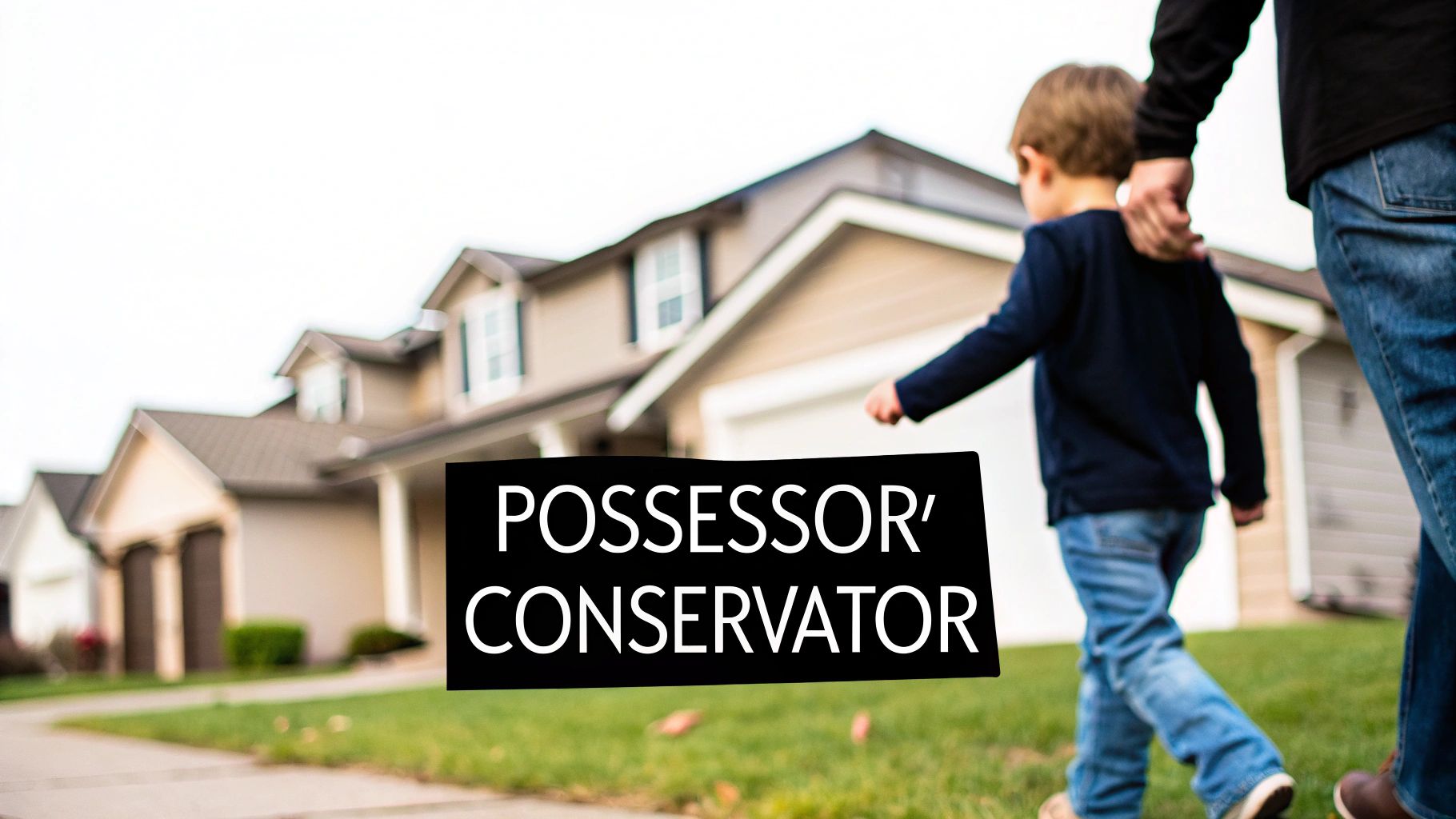 A parent and child walk past suburban houses with a 'Possessor/Conservator' text overlay.