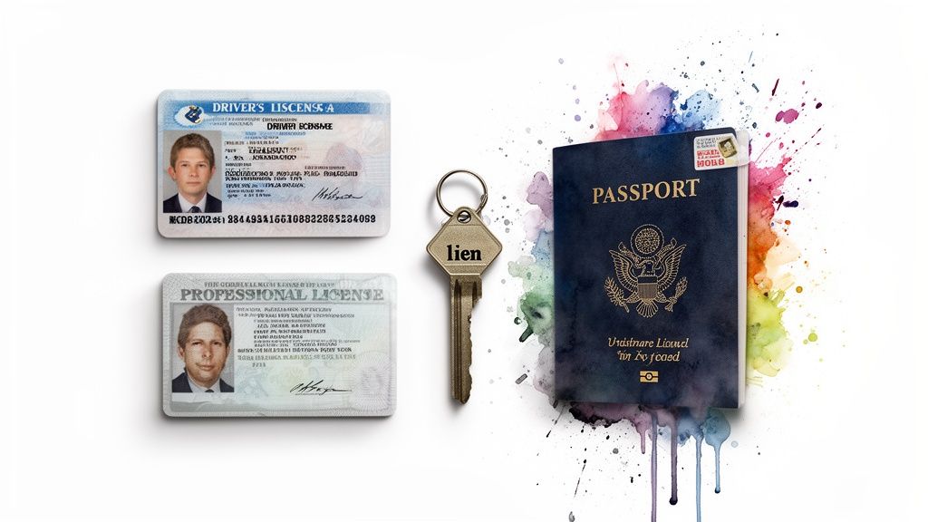 A driver's license, professional license, a key with 'lien' and a passport are displayed on a white background with colorful watercolor splashes.
