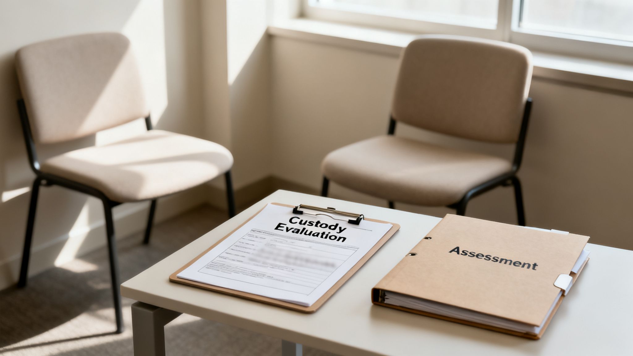 A 'Custody Evaluation' form and 'Assessment' folder on a table, with two empty chairs, in a sunlit room.