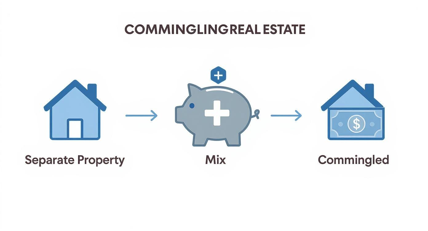 A diagram illustrates commingling real estate, showing separate property becoming commingled after mixing funds.