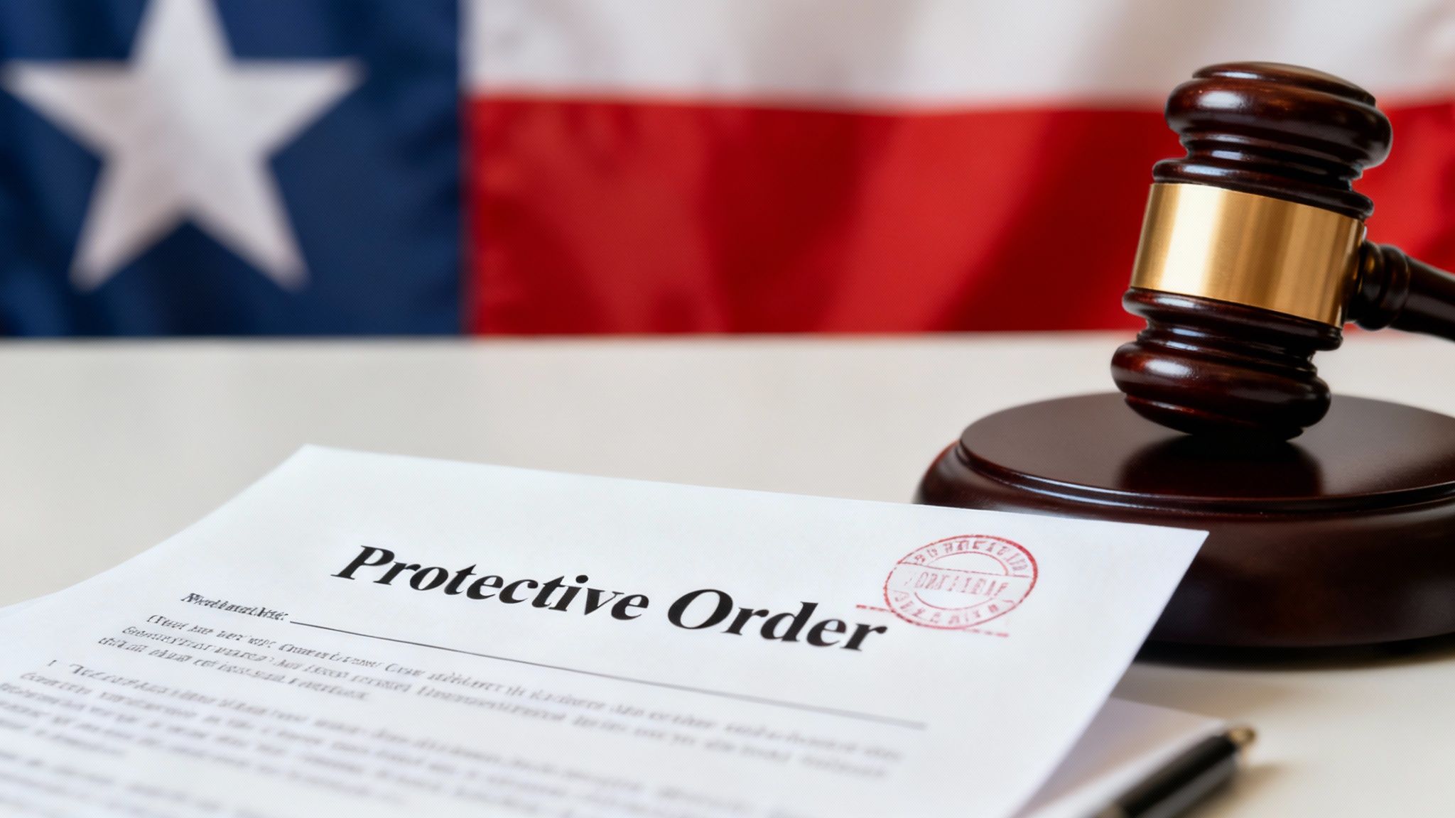 Texas state flag with gavel and protective order document displaying official court stamp