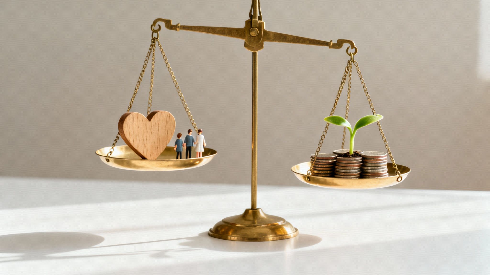 A balance scale weighing a wooden heart and family figures against stacked coins and a growing plant.