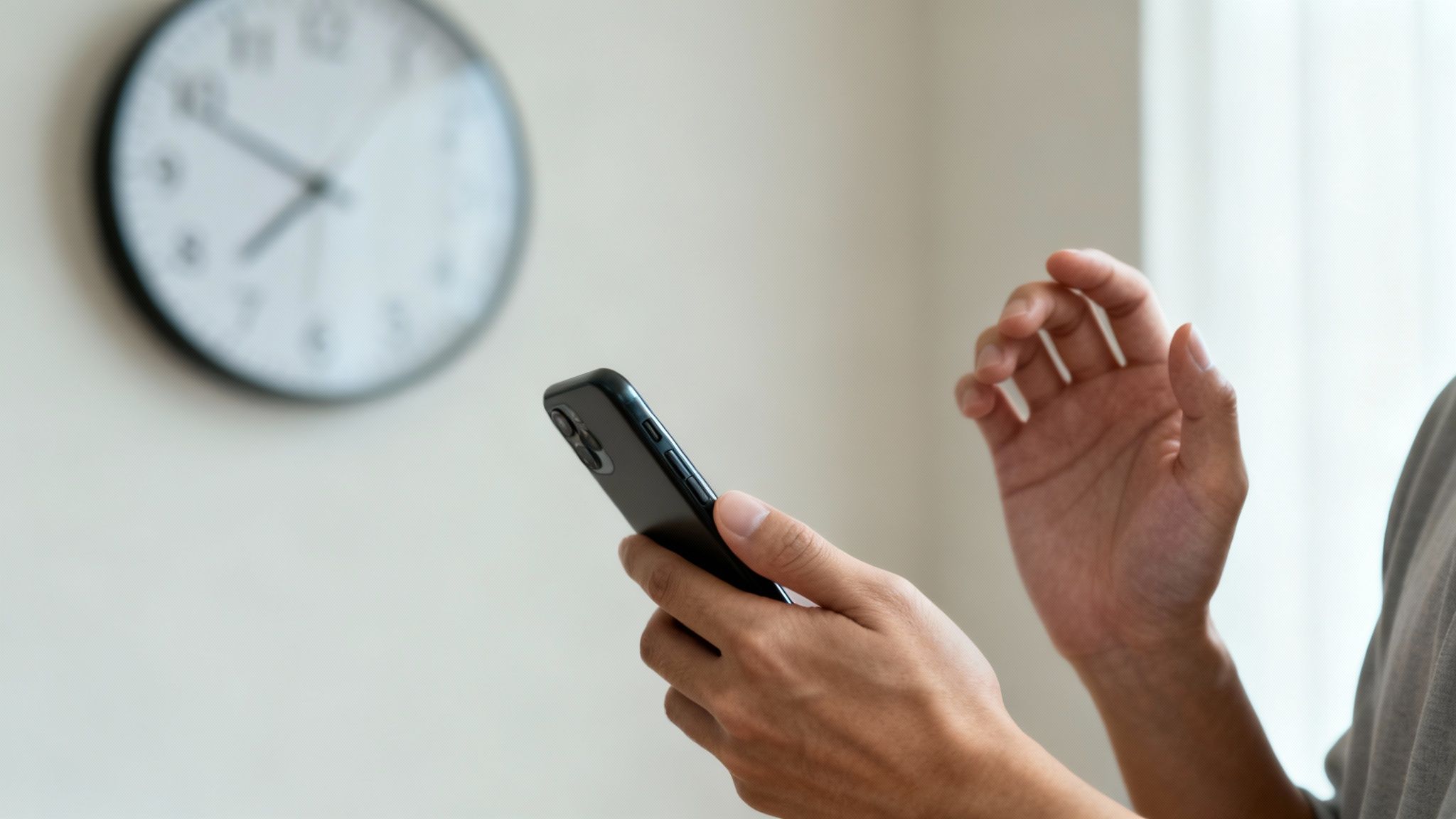Persona sosteniendo un smartphone negro, con un reloj borroso en la pared de fondo.
