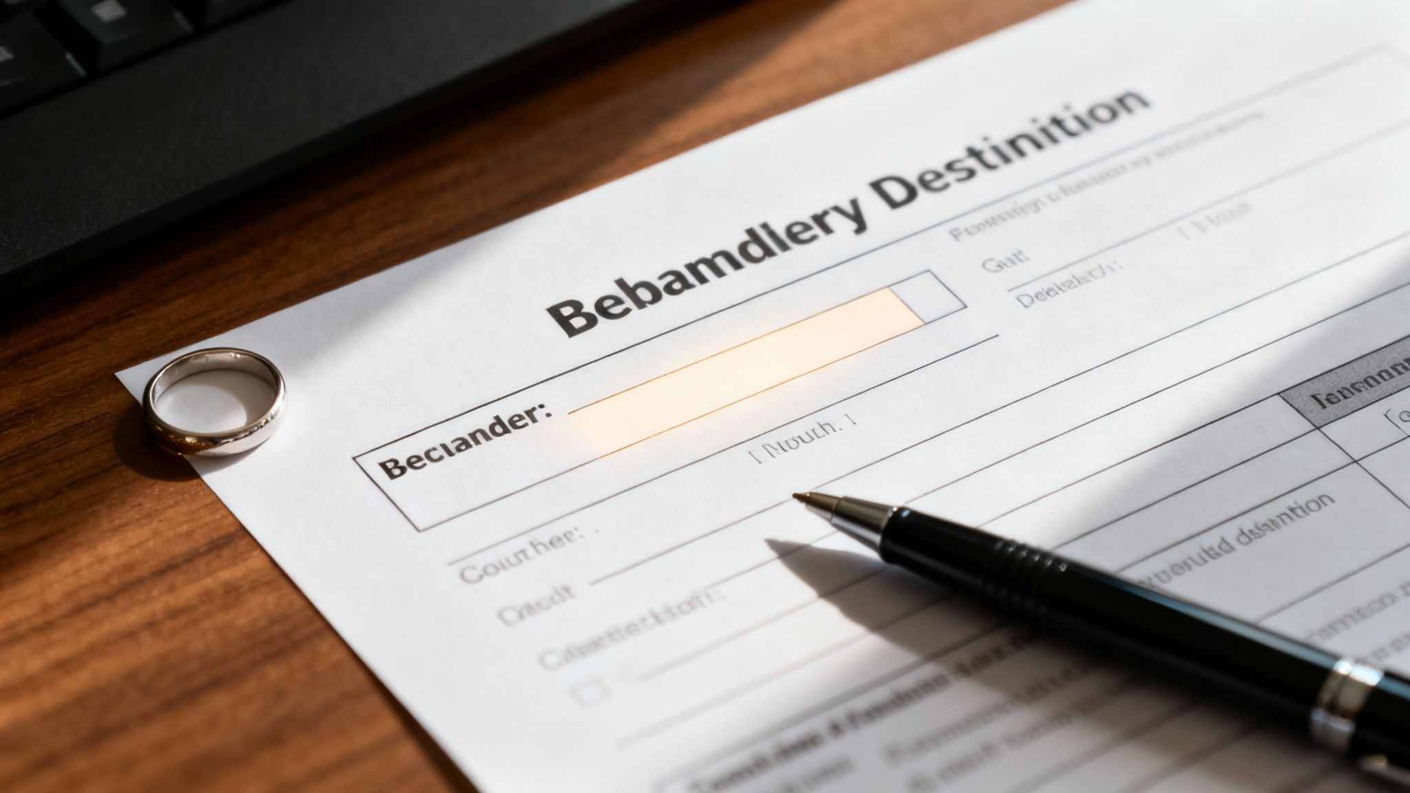 A wedding ring rests on a form titled 'Bebamdlery Destinition' next to a pen, suggesting legal or marital planning.