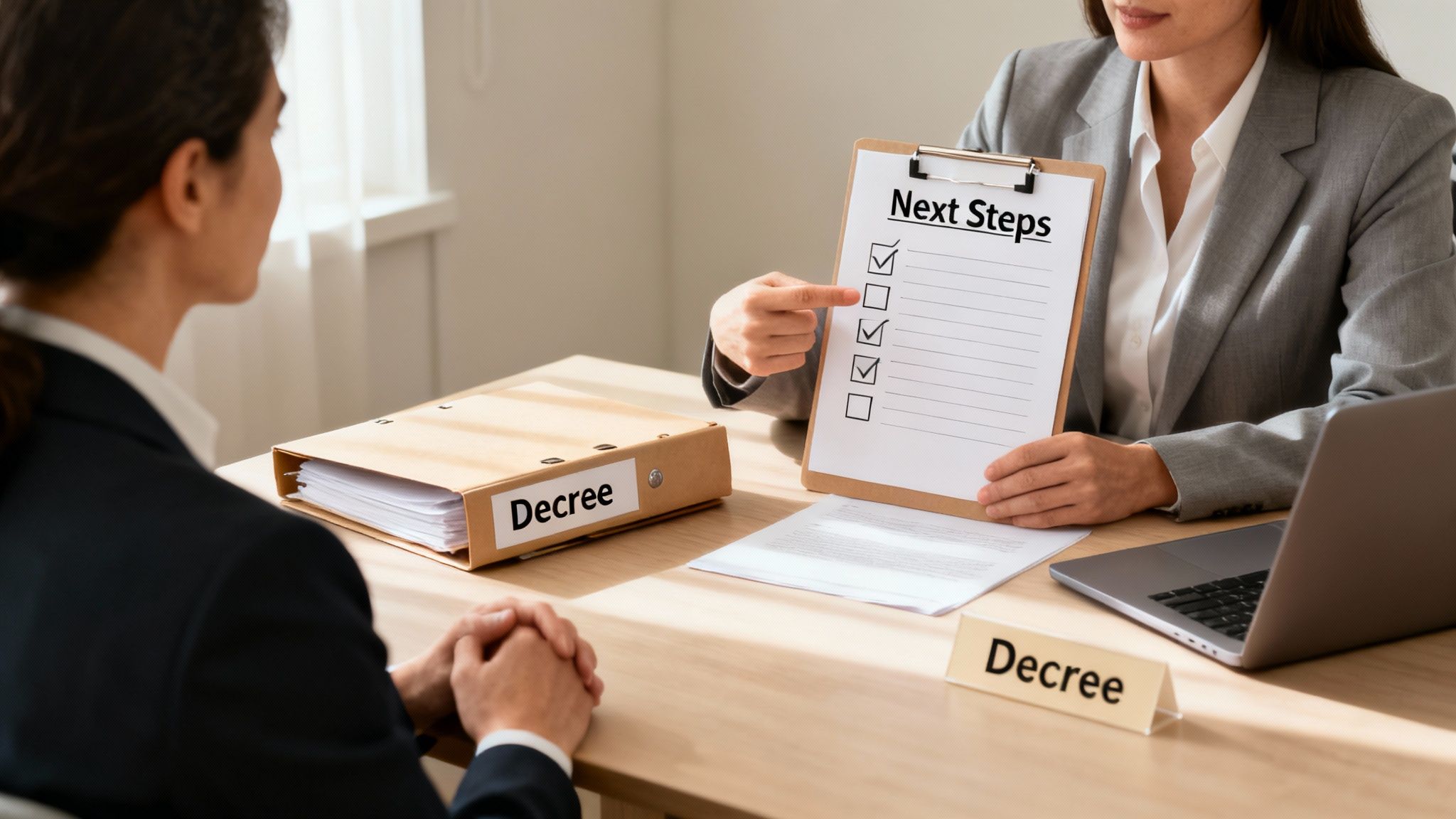 Two people discussing legal next steps with a checklist on a clipboard and files labeled 'Decree'.