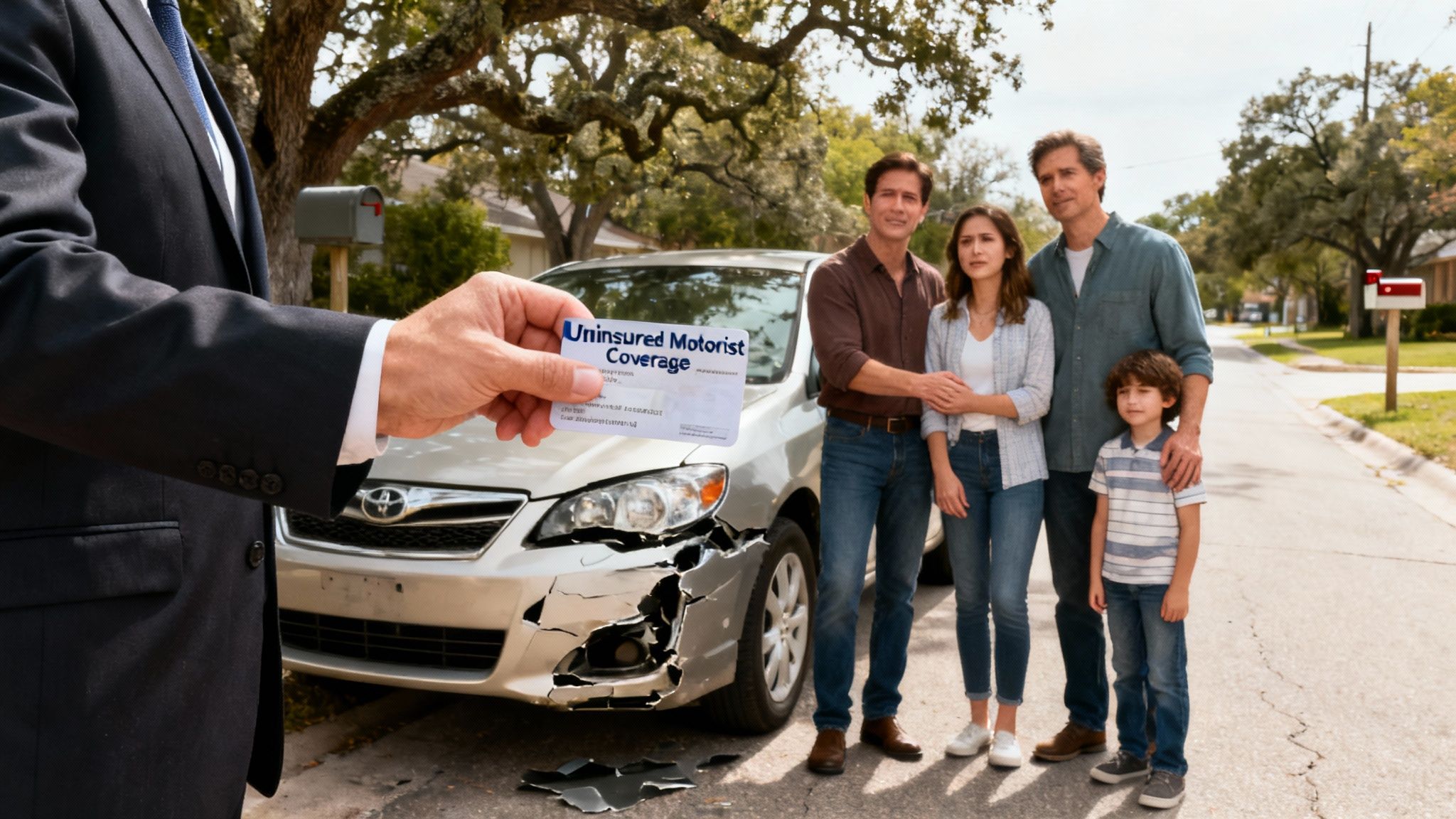 An agent offers Uninsured Motorist Coverage to a concerned family after their damaged car accident.