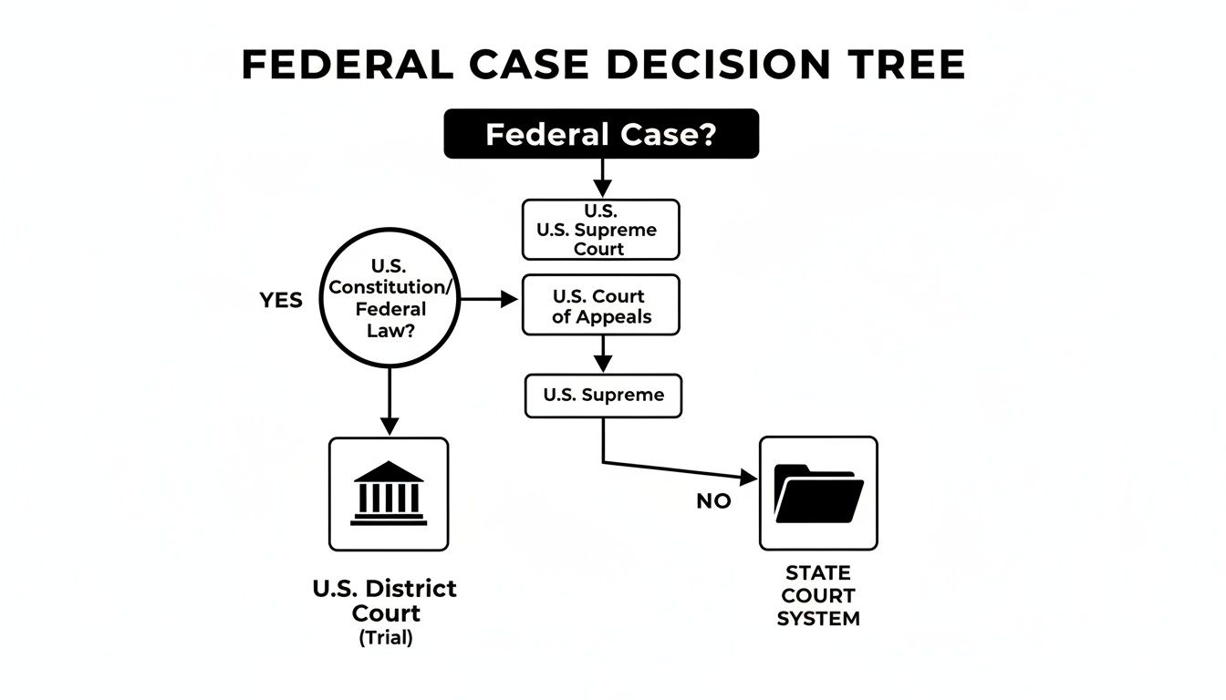 Flowchart illustrating the U.S. Federal Case Decision Tree, showing court progression from trial to appeals.