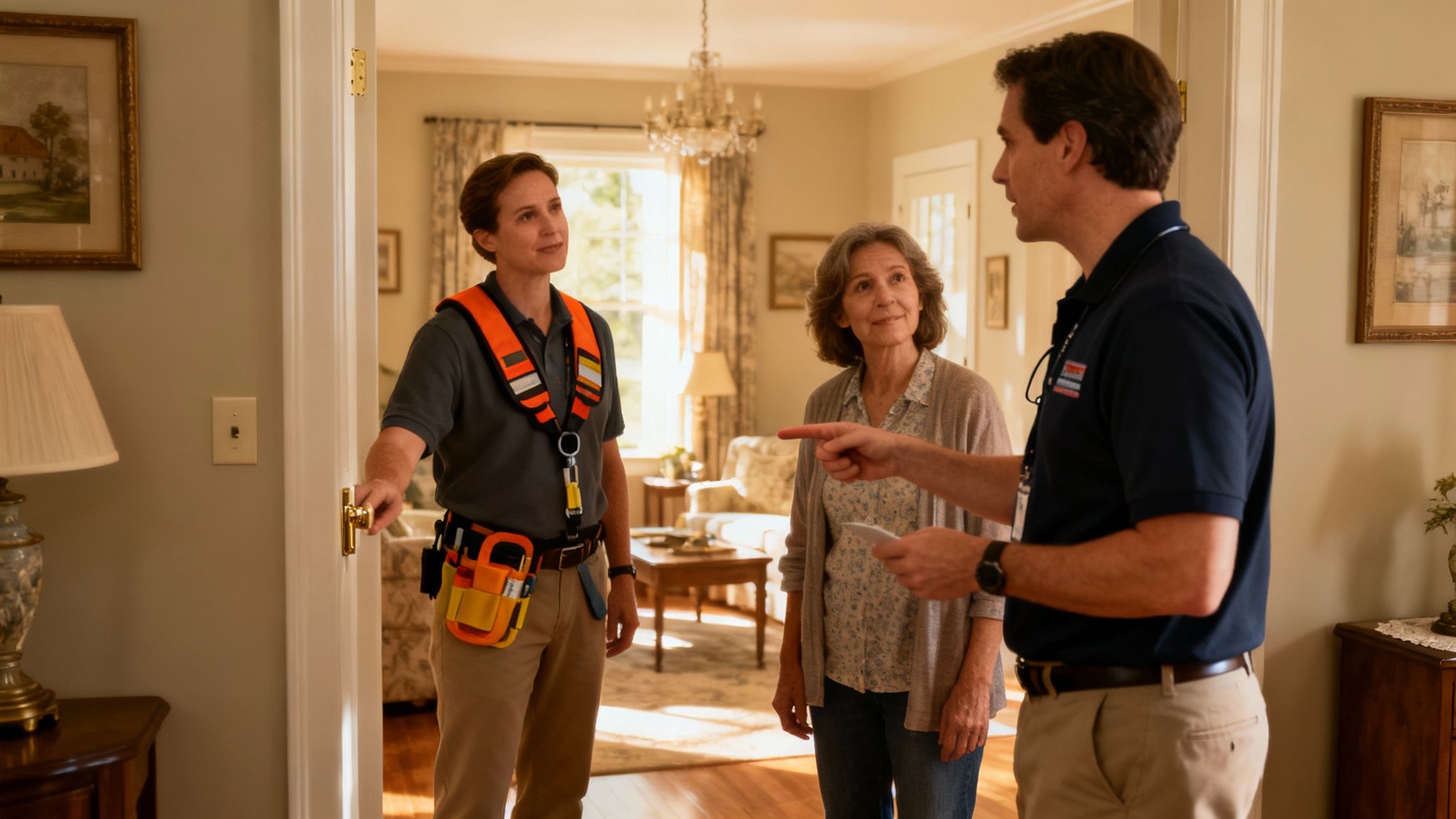 A friendly caseworker sitting at a kitchen table with a hopeful adoptive parent, reviewing paperwork in a warm, sunlit home.