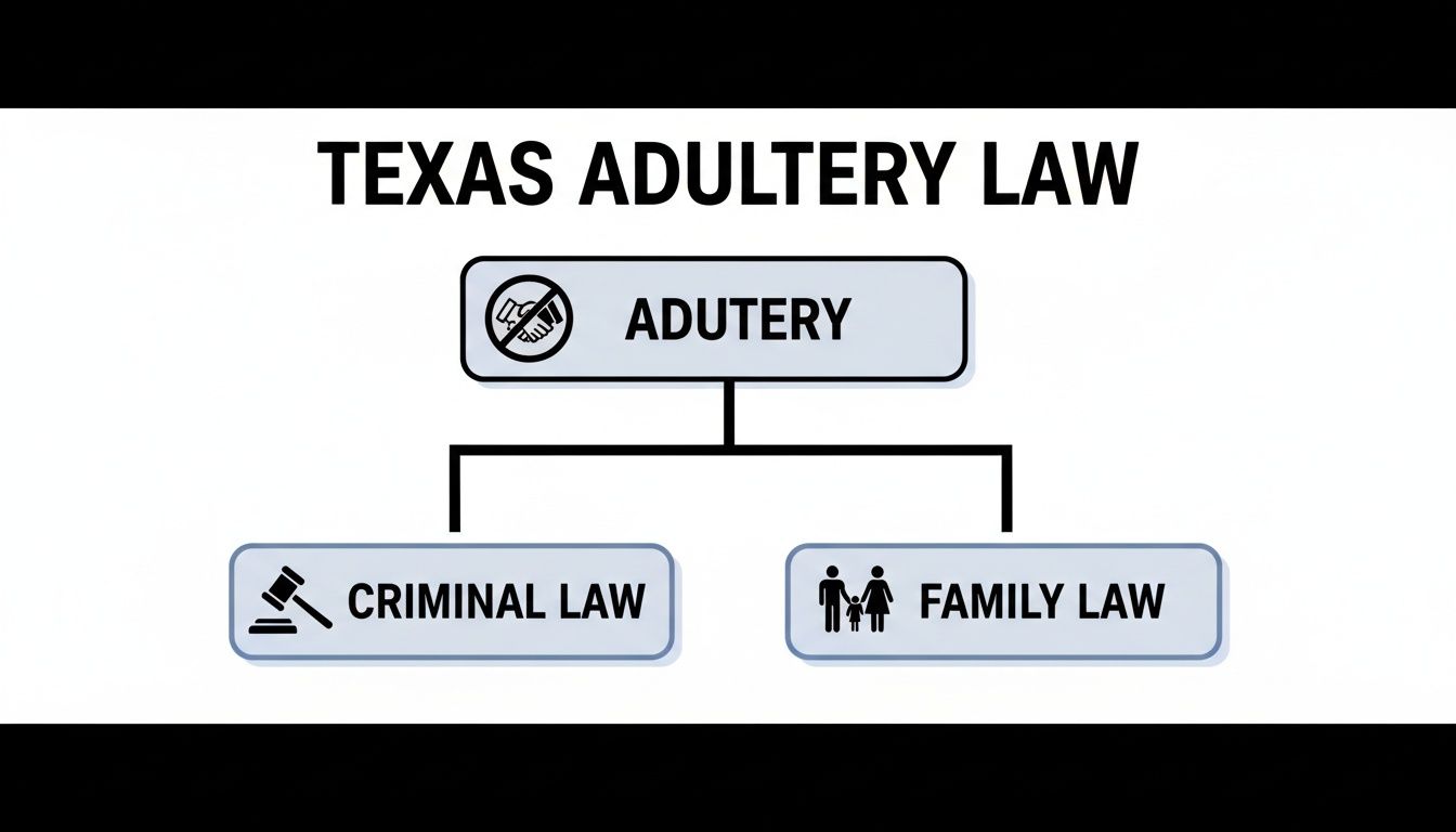 A flowchart illustrates Texas adultery law, showing its distinctions under criminal and family law.
