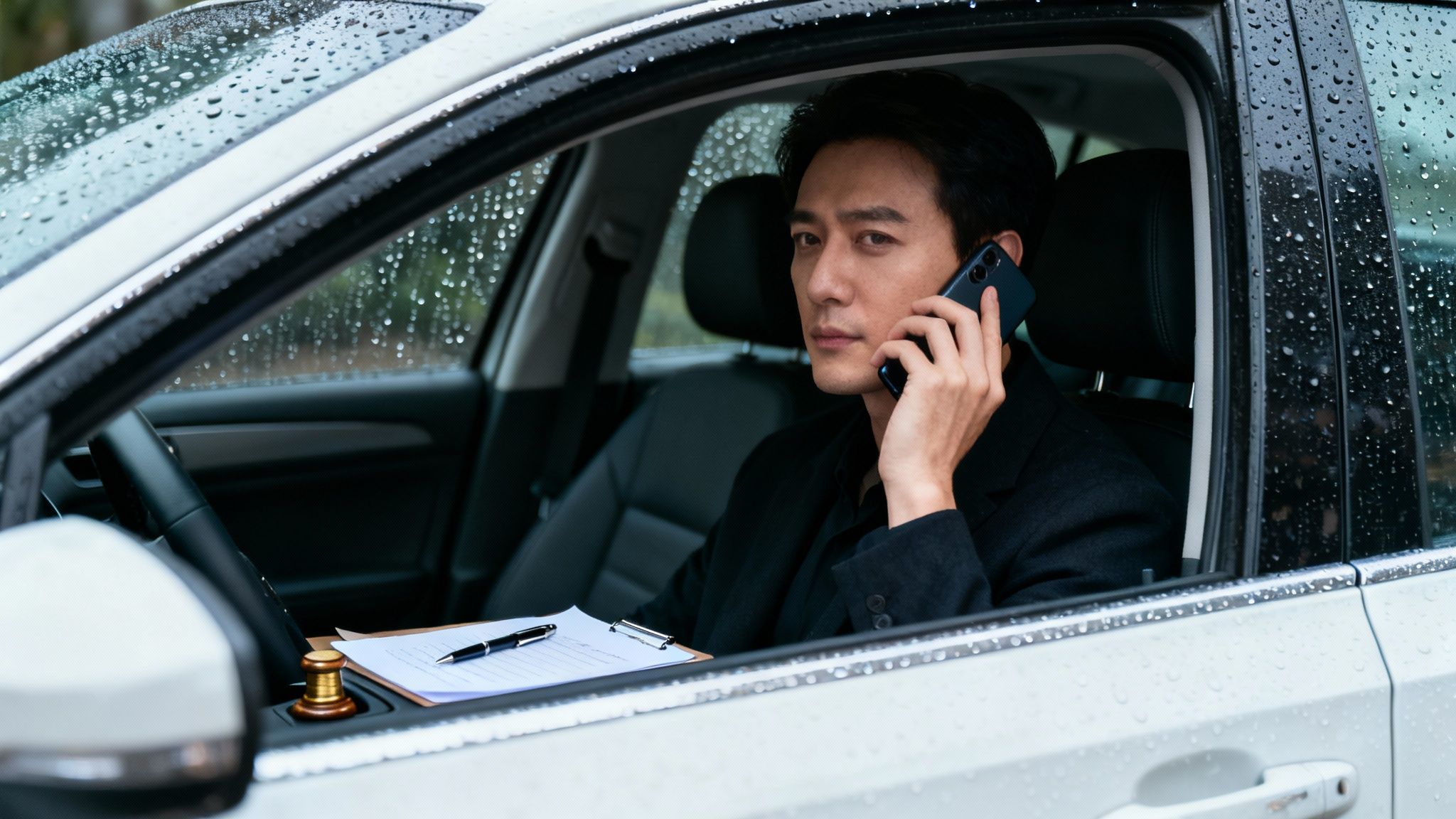 Hombre serio hablando por teléfono en un coche bajo la lluvia, con documentos y un mazo de juez.