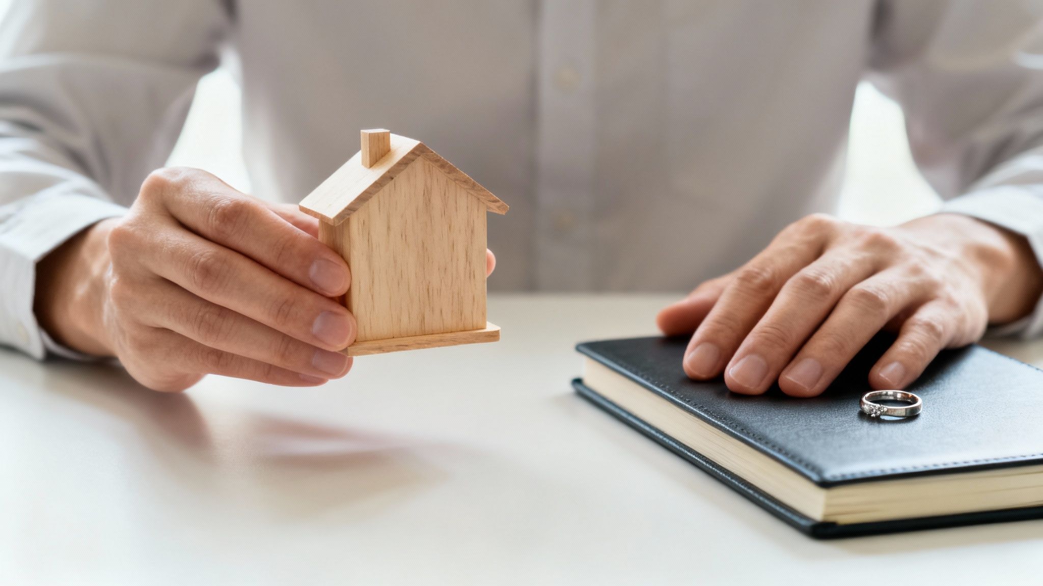 Person holding a wooden house model representing property, with a wedding ring on a notebook, symbolizing prenuptial agreements and financial planning for couples in Kingwood, Texas.