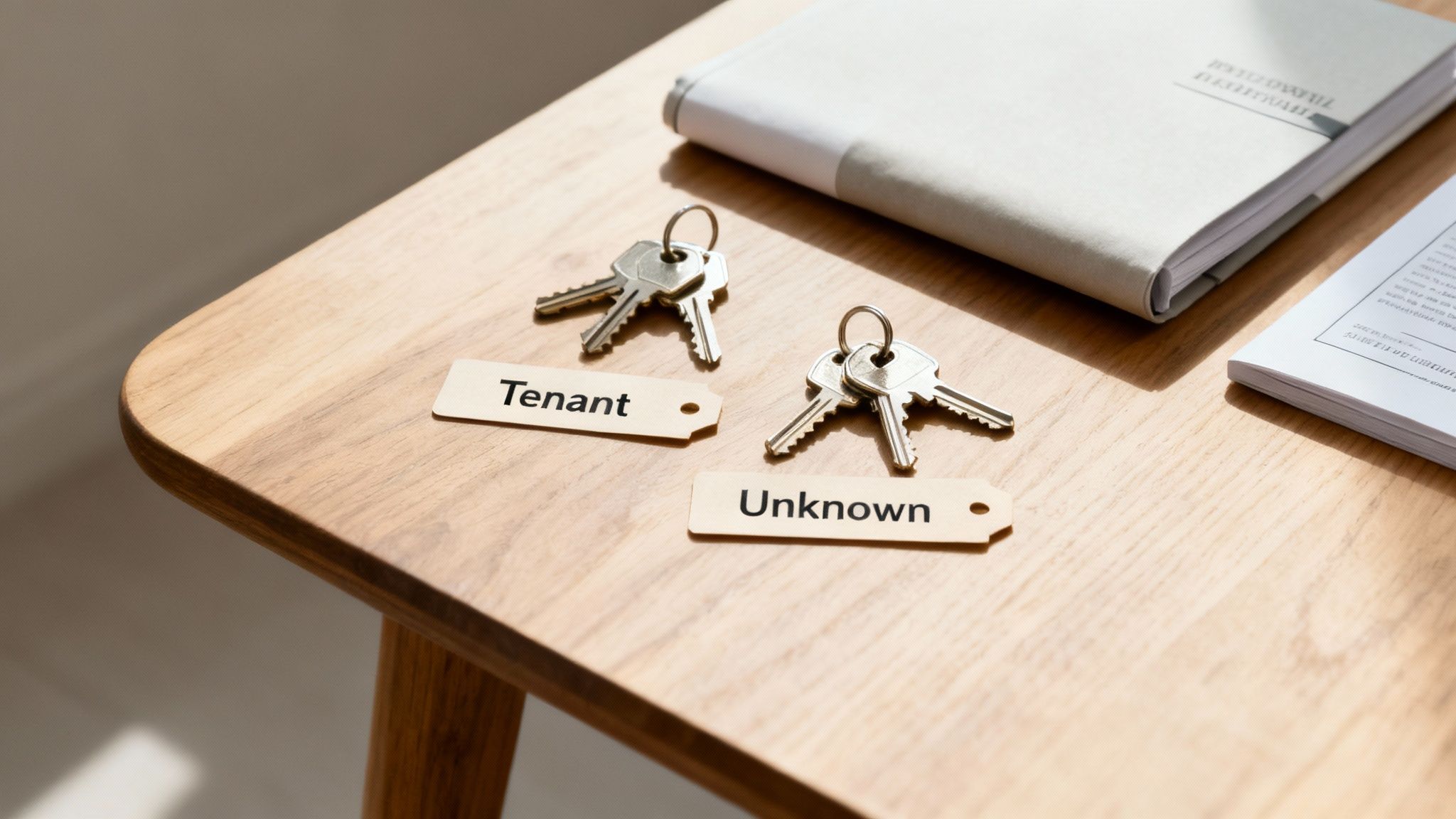 Keys labeled "Tenant" and "Unknown" on a wooden table, representing the distinction between tenants and squatters in Texas property law, with legal documents in the background.
