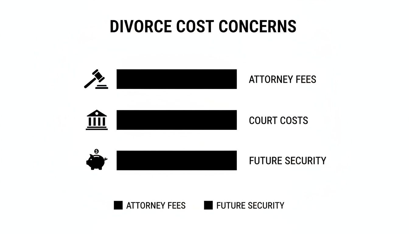 A bar chart illustrates divorce cost concerns, including attorney fees, court costs, and future security.