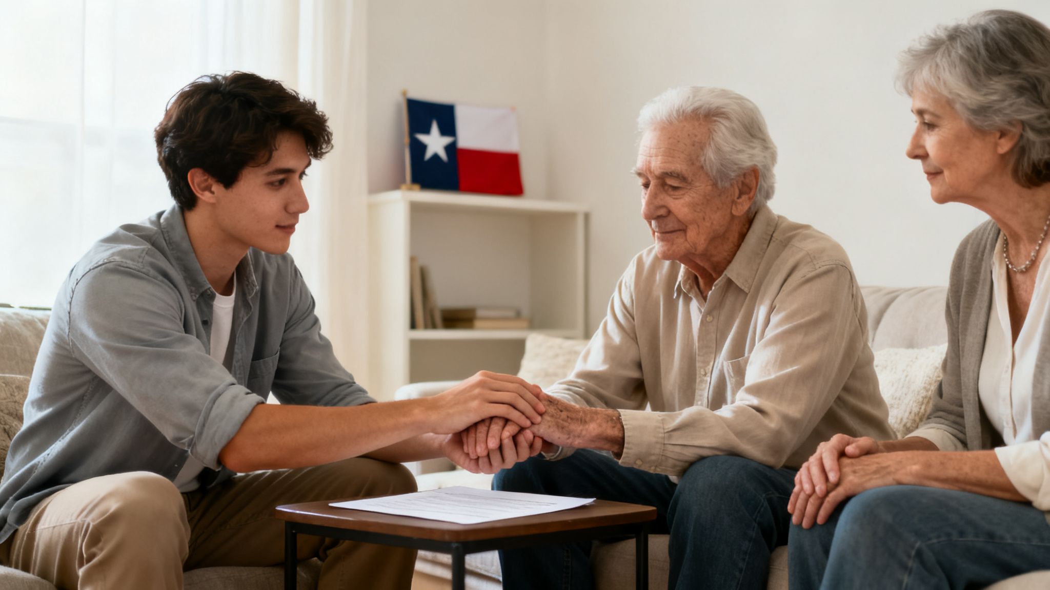 Young man offering comfort and support to an elderly couple in a living room, holding hands.