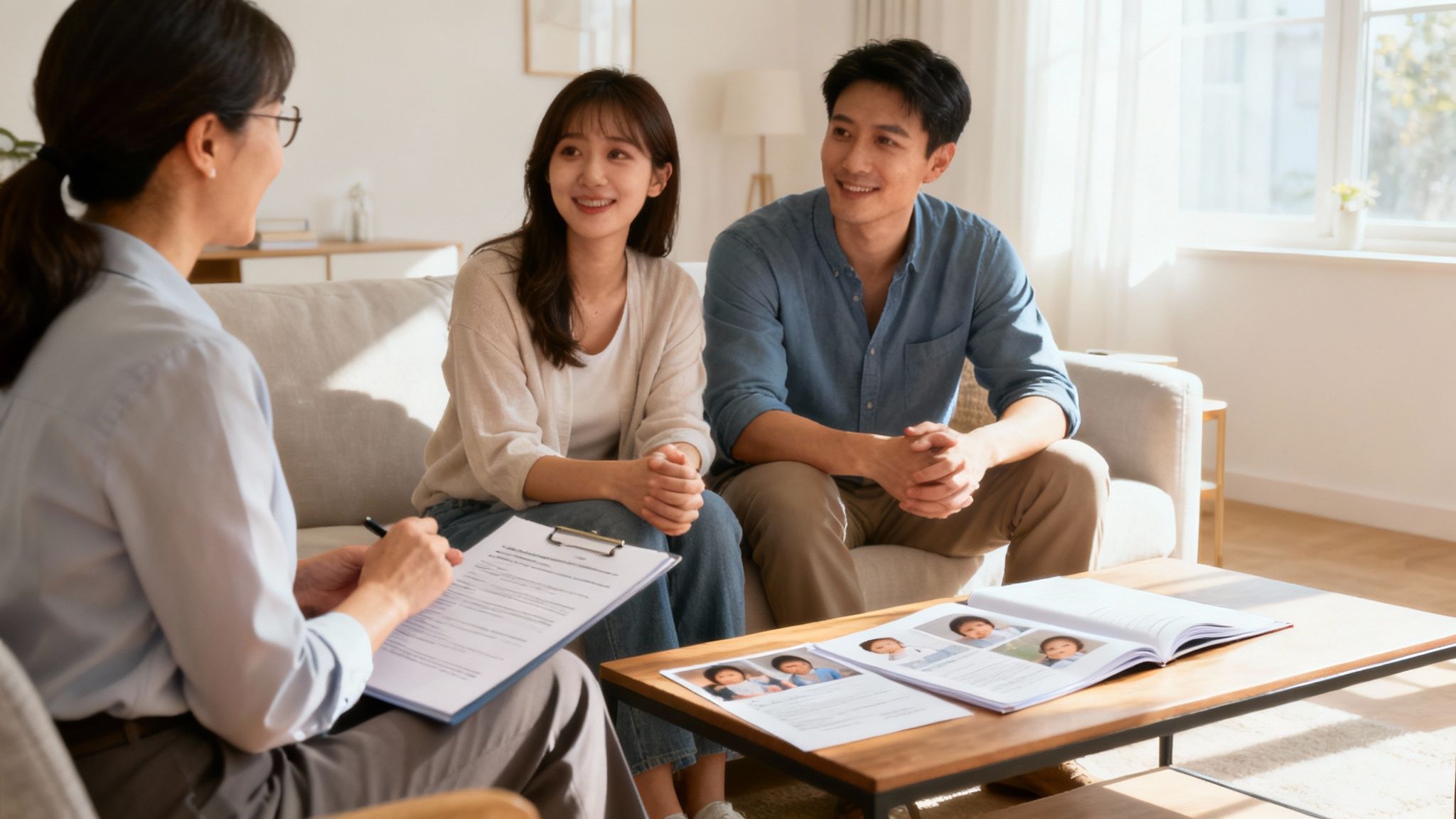 A social worker kindly talks with a hopeful couple in their living room.