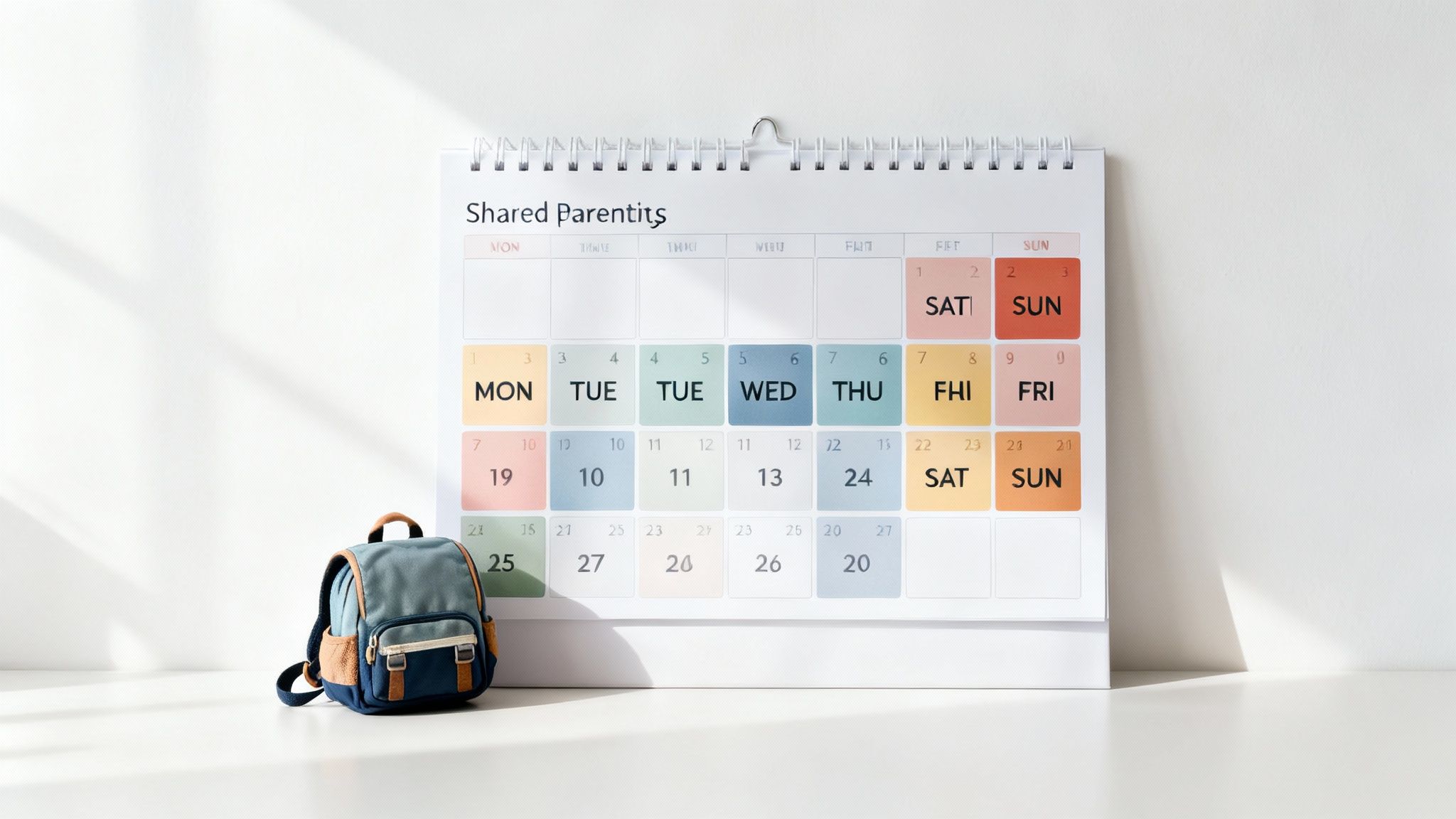 A desktop calendar titled 'Shared Parentits' displaying a co-parenting schedule, next to a child's backpack.