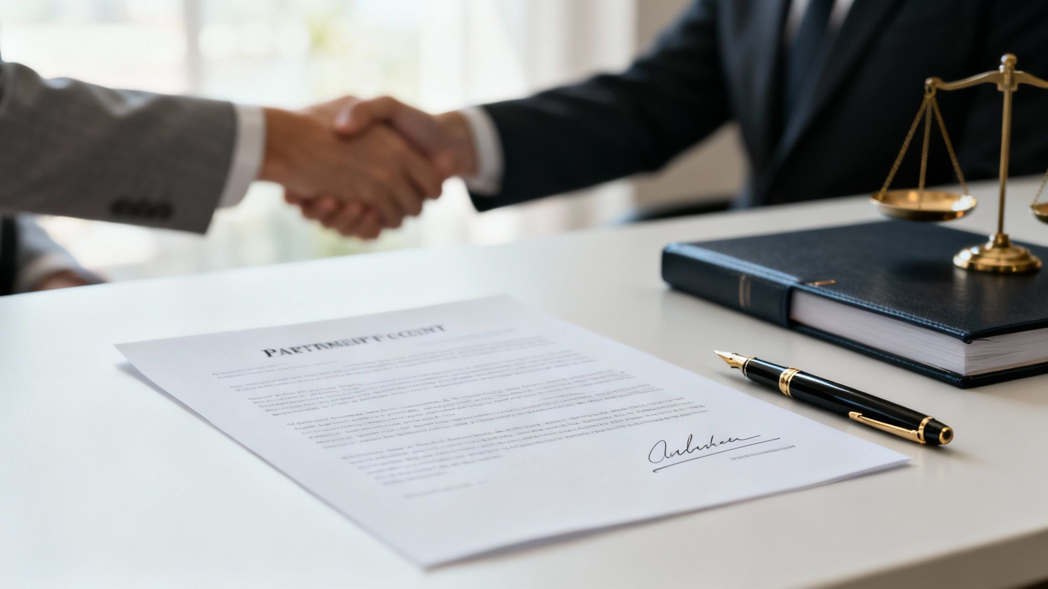 Handshake over a partnership agreement document, symbolizing legal collaboration and business dissolution, with a pen and law book in the background.