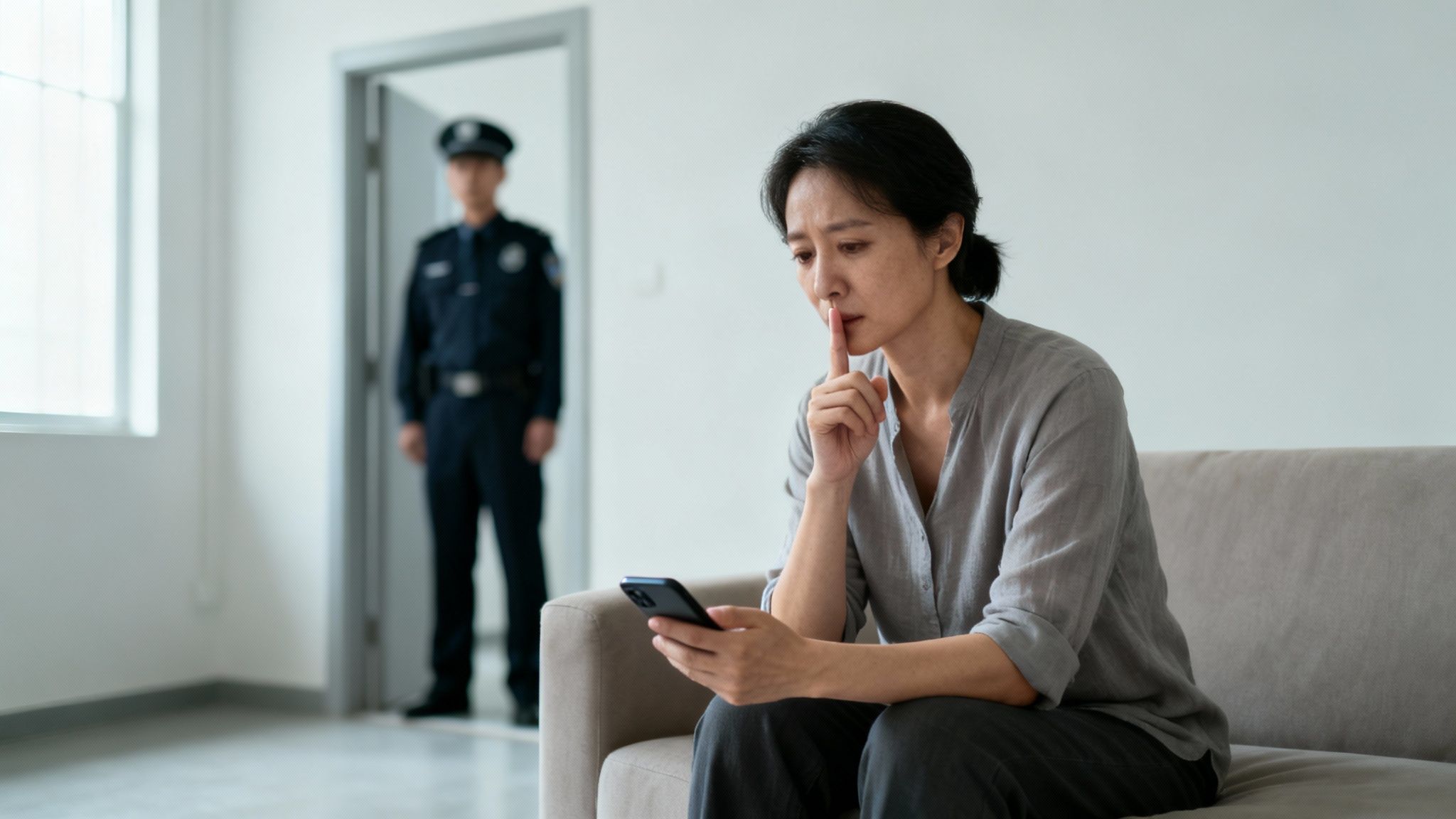 Woman sitting on a couch, looking worried while holding a smartphone, with a police officer standing in the background, illustrating the tension of facing false accusations during police questioning.