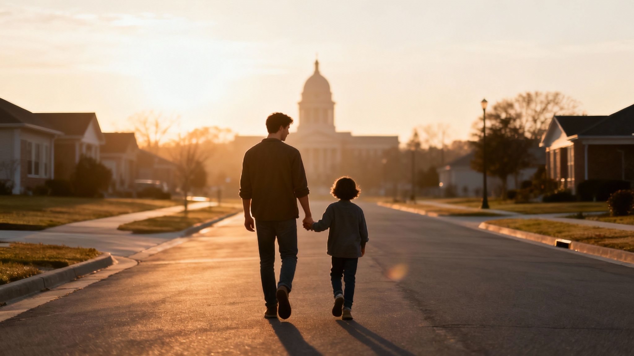 Father and child holding hands, walking on a street towards a capitol building at sunset.