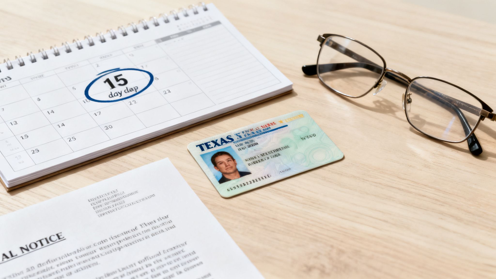 A Texas ID card, calendar with the 15th circled, eyeglasses, and a legal notice on a wooden desk.