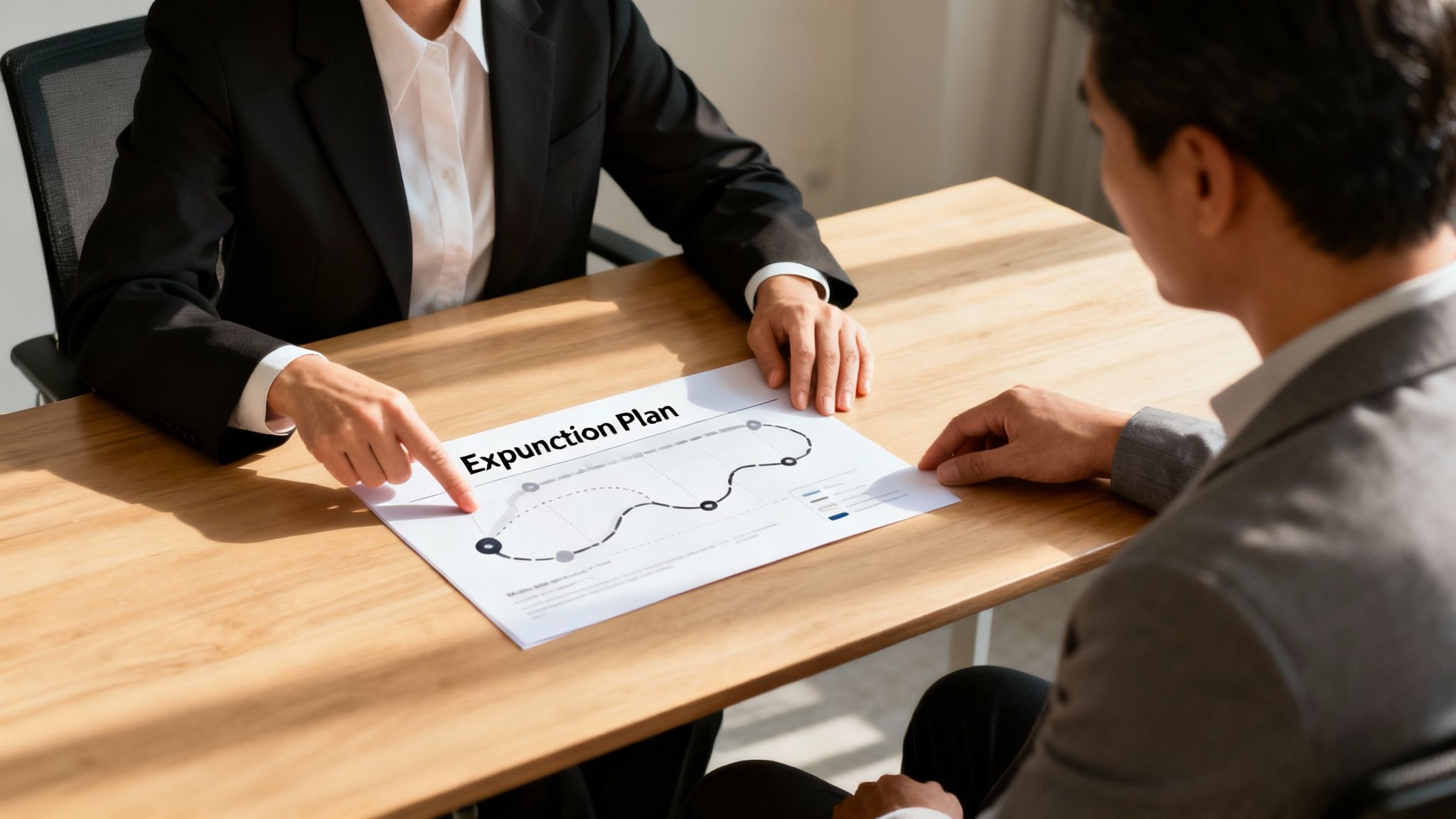Two professionals discuss an 'Expunction Plan' document with a graph on a wooden table.