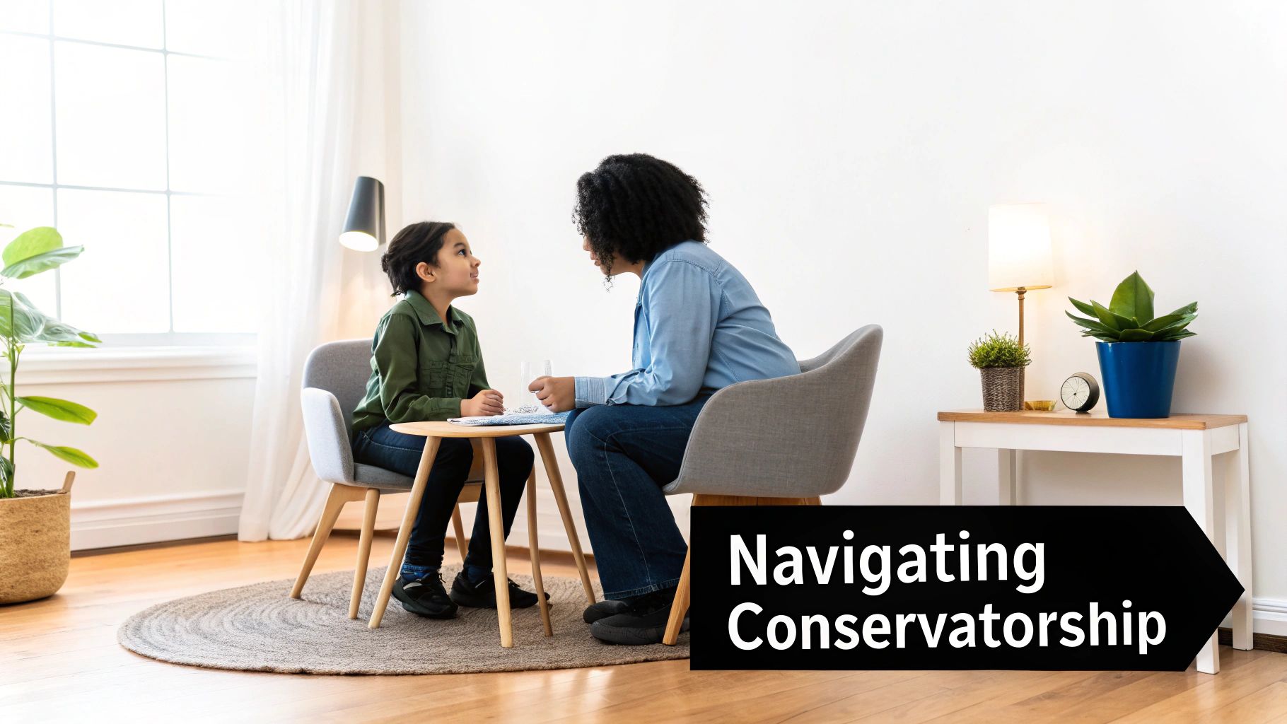 Child therapy session with counselor discussing family custody matters in bright office