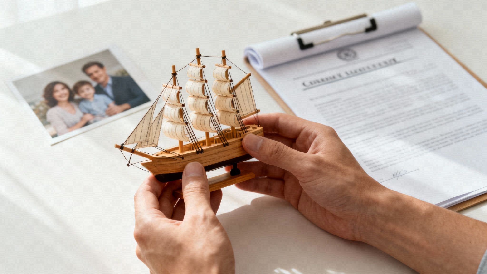 Hands hold a miniature sailboat model next to a blurred family photo and a legal document.