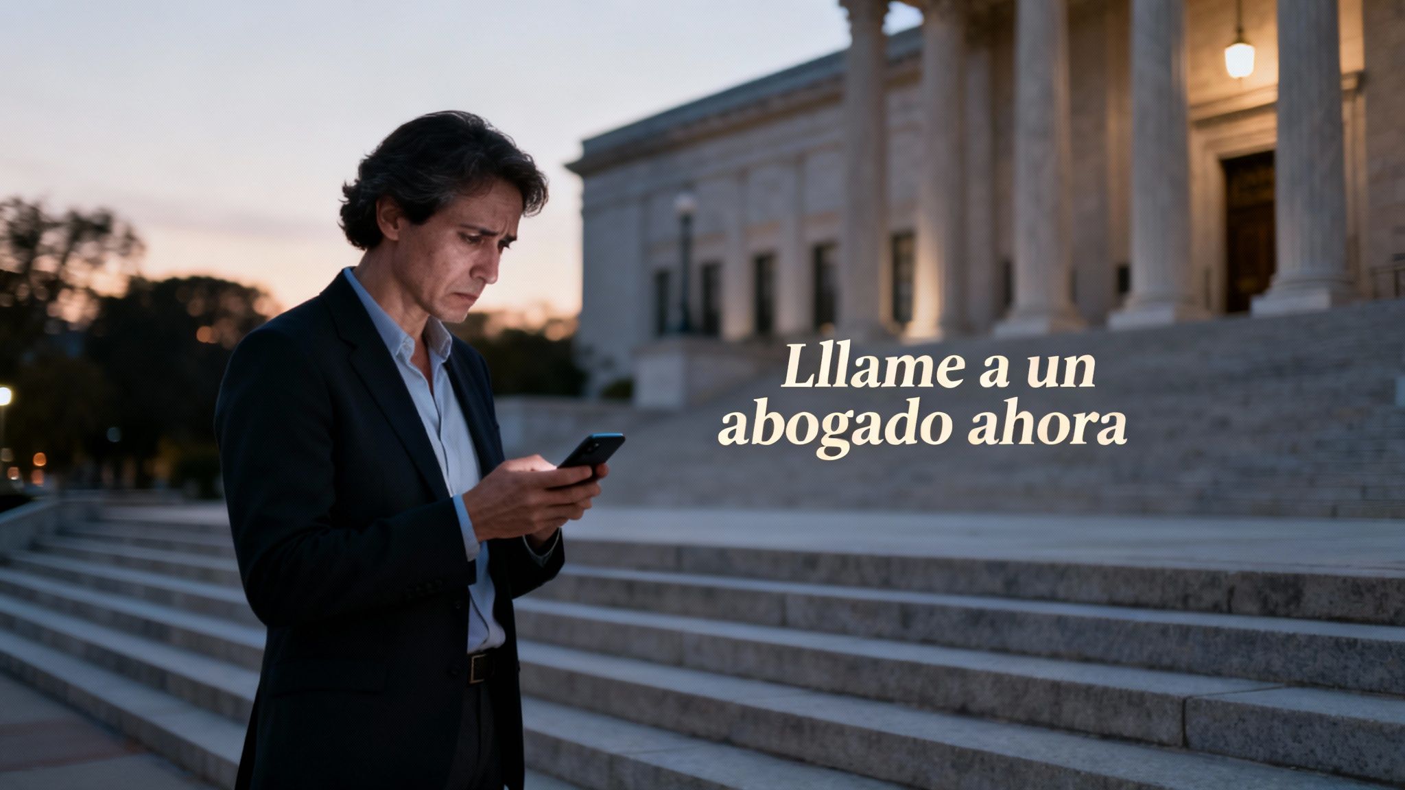 Hombre en traje revisa su teléfono frente a un edificio con columnas al anochecer, con el texto 'Llame a un abogado ahora'.