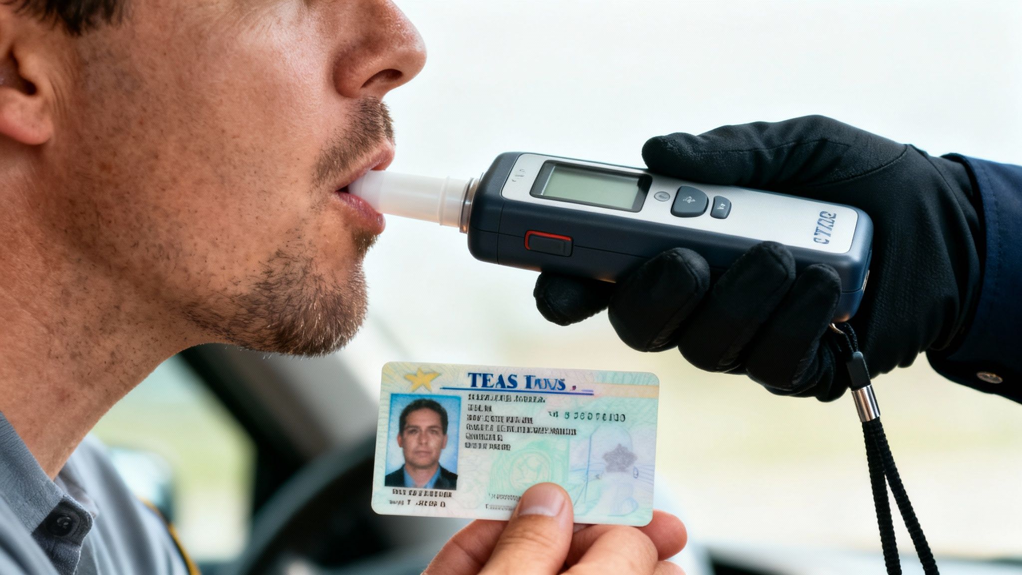 A man takes a breathalyzer test, while an officer holds the device and another hand displays an ID card.